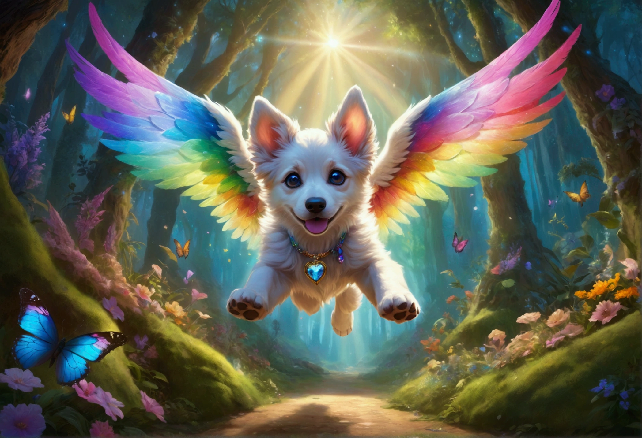 (Ultra detailed), a breathtaking and intricately crafted full-size portrait of a stunning female anthro flying puppy, punctuated by her vibrant fur and captivating eyes. The puppy's wings are a magnificent display of fine detail, each feather individually rendered and shimmering under the soft light. The setting is a serene and dreamlike scene, with the puppy soaring above a picturesque meadow, dappled with sunlight filtering through dainty flowers and leaves. The puppy's body is lean and athletic, with a playful and cheerful expression on her face. The portrait is rendered in a style that evokes a sense of whimsy