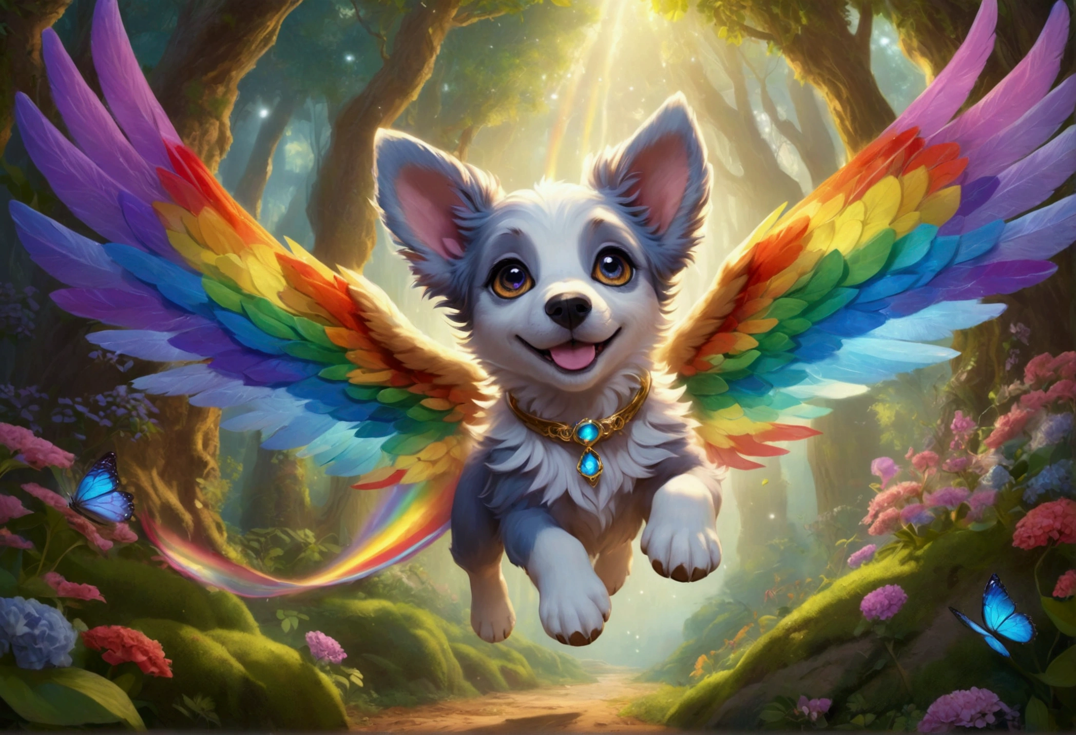 (Ultra detailed), a breathtaking and intricately crafted full-size portrait of a stunning female anthro flying puppy, punctuated by her vibrant fur and captivating eyes. The puppy's wings are a magnificent display of fine detail, each feather individually rendered and shimmering under the soft light. The setting is a serene and dreamlike scene, with the puppy soaring above a picturesque meadow, dappled with sunlight filtering through dainty flowers and leaves. The puppy's body is lean and athletic, with a playful and cheerful expression on her face. The portrait is rendered in a style that evokes a sense of whimsy