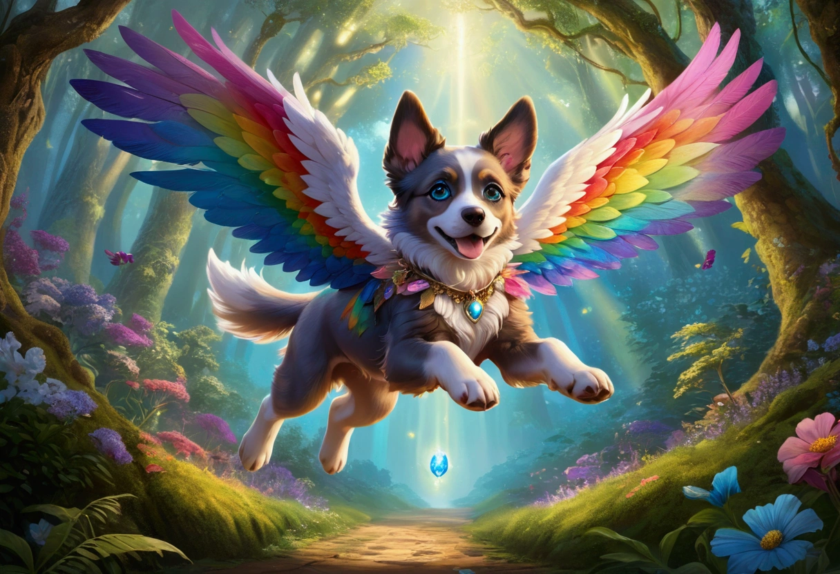 (Ultra detailed), a breathtaking and intricately crafted full-size portrait of a stunning female anthro flying puppy, punctuated by her vibrant fur and captivating eyes. The puppy's wings are a magnificent display of fine detail, each feather individually rendered and shimmering under the soft light. The setting is a serene and dreamlike scene, with the puppy soaring above a picturesque meadow, dappled with sunlight filtering through dainty flowers and leaves. The puppy's body is lean and athletic, with a playful and cheerful expression on her face. The portrait is rendered in a style that evokes a sense of whimsy