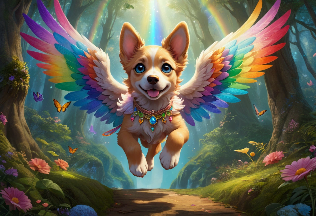 (Ultra detailed), a breathtaking and intricately crafted full-size portrait of a stunning female anthro flying puppy, punctuated by her vibrant fur and captivating eyes. The puppy's wings are a magnificent display of fine detail, each feather individually rendered and shimmering under the soft light. The setting is a serene and dreamlike scene, with the puppy soaring above a picturesque meadow, dappled with sunlight filtering through dainty flowers and leaves. The puppy's body is lean and athletic, with a playful and cheerful expression on her face. The portrait is rendered in a style that evokes a sense of whimsy