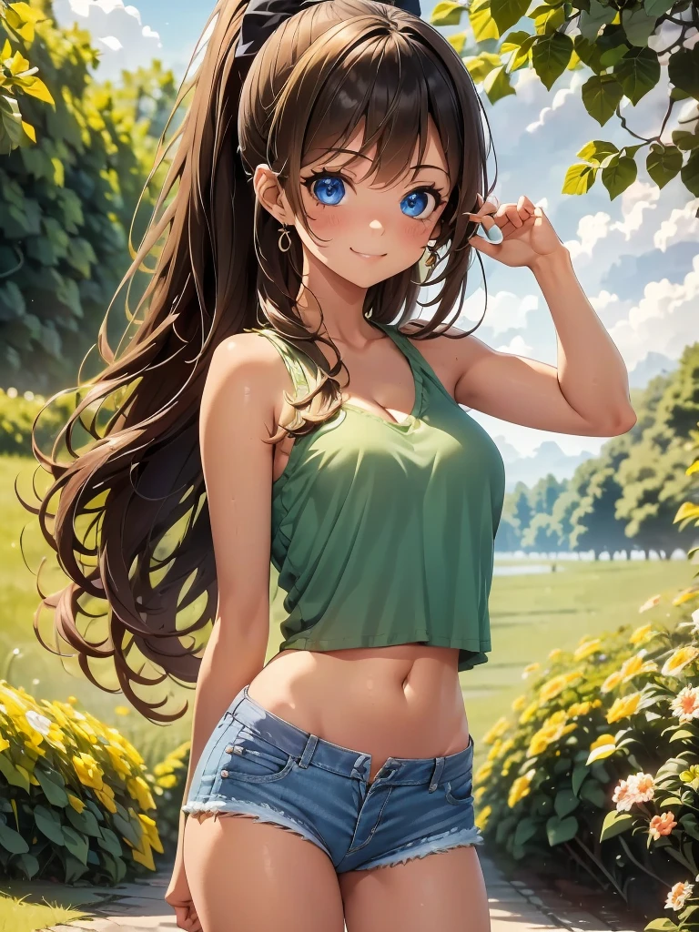 1girl, solo, beautiful girl, brunette skin, blue eyes, detailed anime style, perfect anatomy, perfect hands, narrow waist, medium breasts, long hair, brown hair, high ponytail, asymmetrical bangs, blue eyes, detailed eyes, blush, emerald earrings, orange shirt, denim shorts, cleavage, navel, midriff, bare arms, bare shoulders, smile, standing, perfect hands, arm up, woods, cabin, sunset, orange sky, clouds, outdoors, underboobs, ice cream, holding ice cream, high quality, high resolution, from behind,