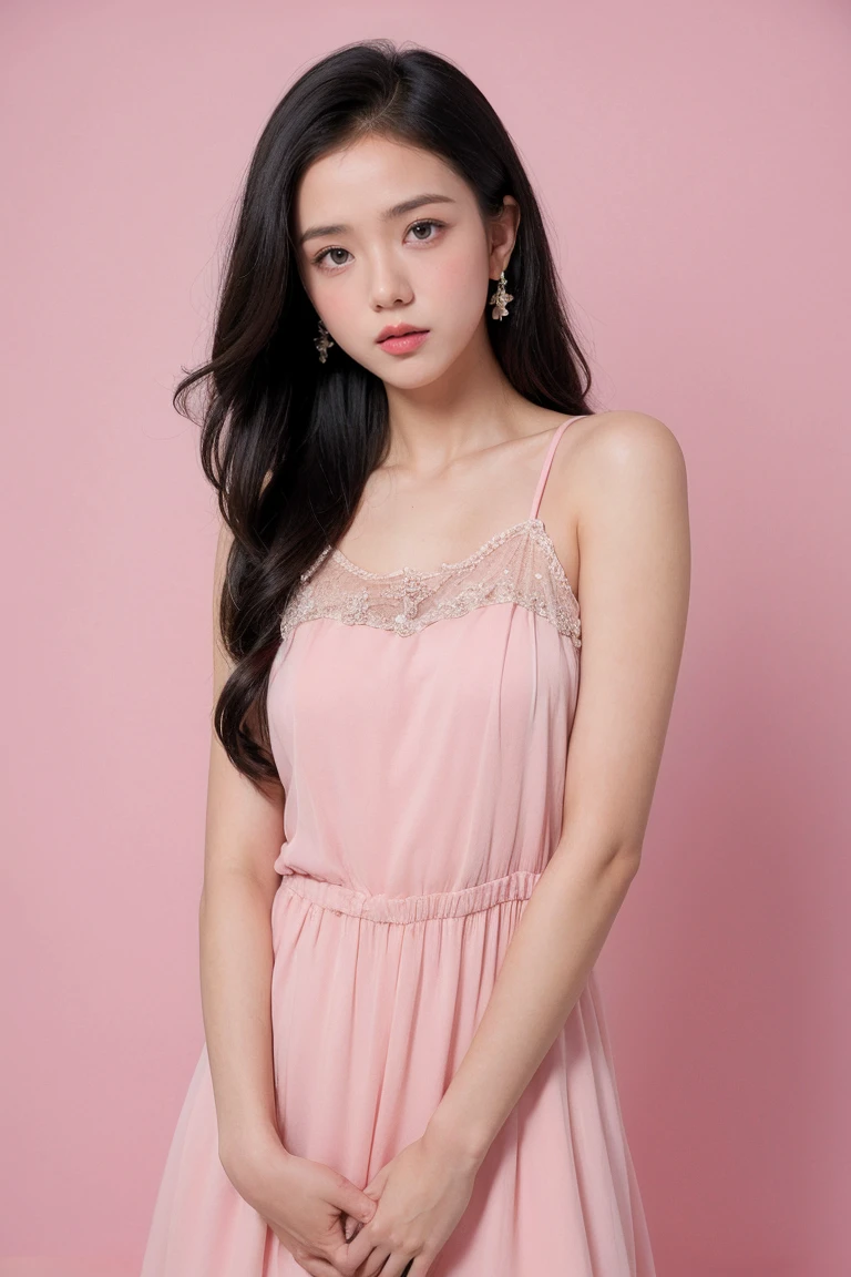 21yo girl, pink dress, pink background 