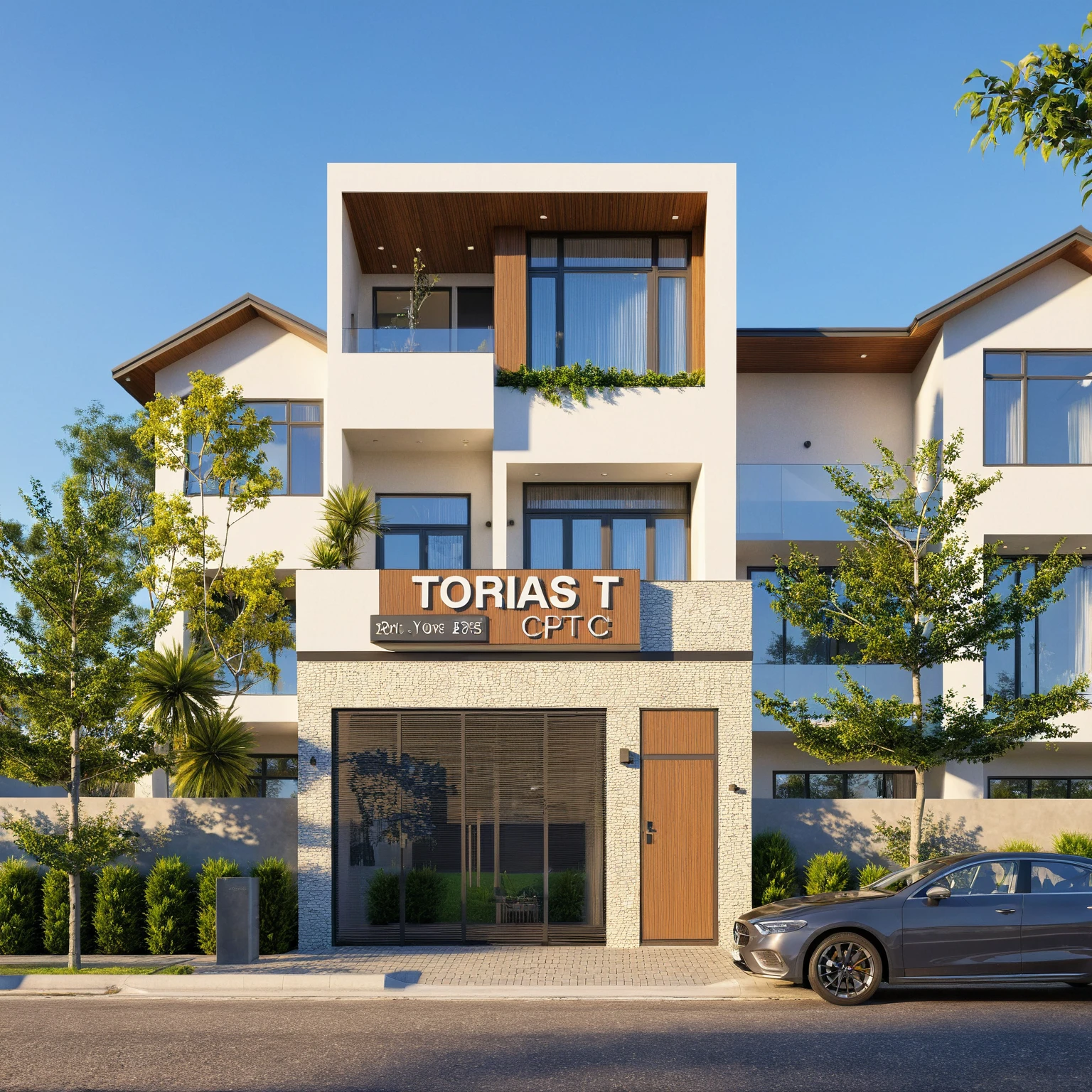 Raw photo,Masterpiece, high quality, best quality, authentic, super detail,
exterior, outdoors, house style modern on the street, glass windows, gate, wooden ceiling,
road,pavement, trees, sky, cloud, (daylight:1.1), (blue tones), arched windows, modern