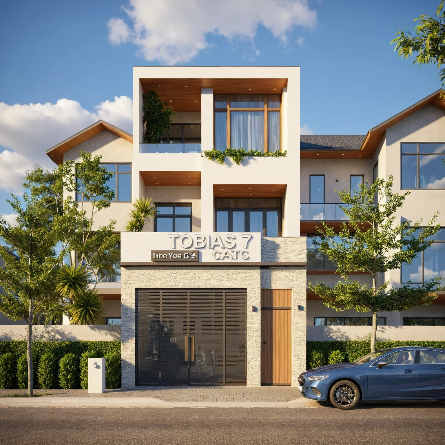 Raw photo,Masterpiece, high quality, best quality, authentic, super detail,
exterior, outdoors, house style modern on the street, glass windows, gate, wooden ceiling,
road,pavement, trees, sky, cloud, (daylight:1.1), (blue tones), arched windows, modern