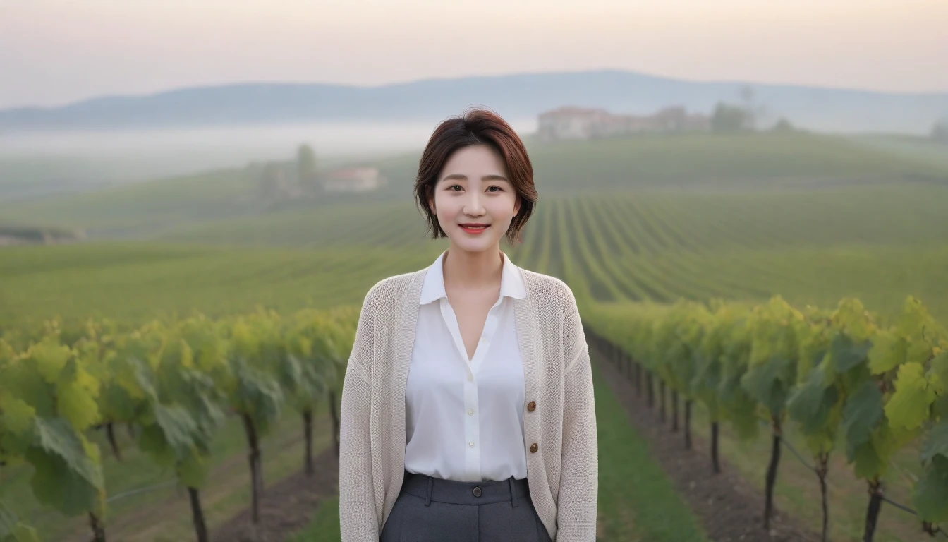 8k realistic, lifelike photo,, 36 year old Korean woman, Short in stature, pretty like a model. front view, white shirt and short cardigan, casual pants, short medium hair, smiling, Italy. spring, vineyard, thick dawn fog. vineyard 지나 짙은 안개 속으로 저 멀리 성당이 보인다. Full body shot from afar with a wide angle lens , 1 woman, Short in stature, superb picture quality, The morning fog thickens, The picture quality is alive.. Full body shot with Canon 16-35 wide angle lens, Put on your sunglasses and look up to the side