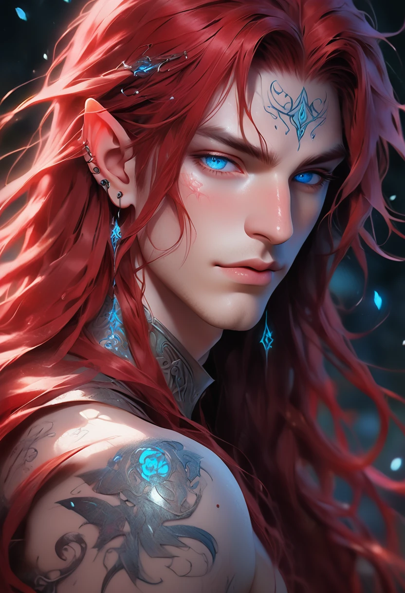 full ariel view of a ethereal demonic 25 year old anime guy male druid, with metallic foil print blood red long hair, delicate masterpieceintimate delicate etched glowing rune tattoos, winking, beautiful gorgeous elf ((male)) kissyface, perfect face, blue/black pastel eyes, long red wisp hair, freckles, piercings, foil print neonbody art, laboratory experiment, perfect anatomy, centered, almost perfect, dynamic, very detailed, glowing, artstation, concept art, soft and sharp focus, art by Carne Griffiths and Wadim Kashin, high-definition accent lighting, epic, elven atmosphere, contrasted with vibrant paint colors., futuristic cyborg in the year 2950,