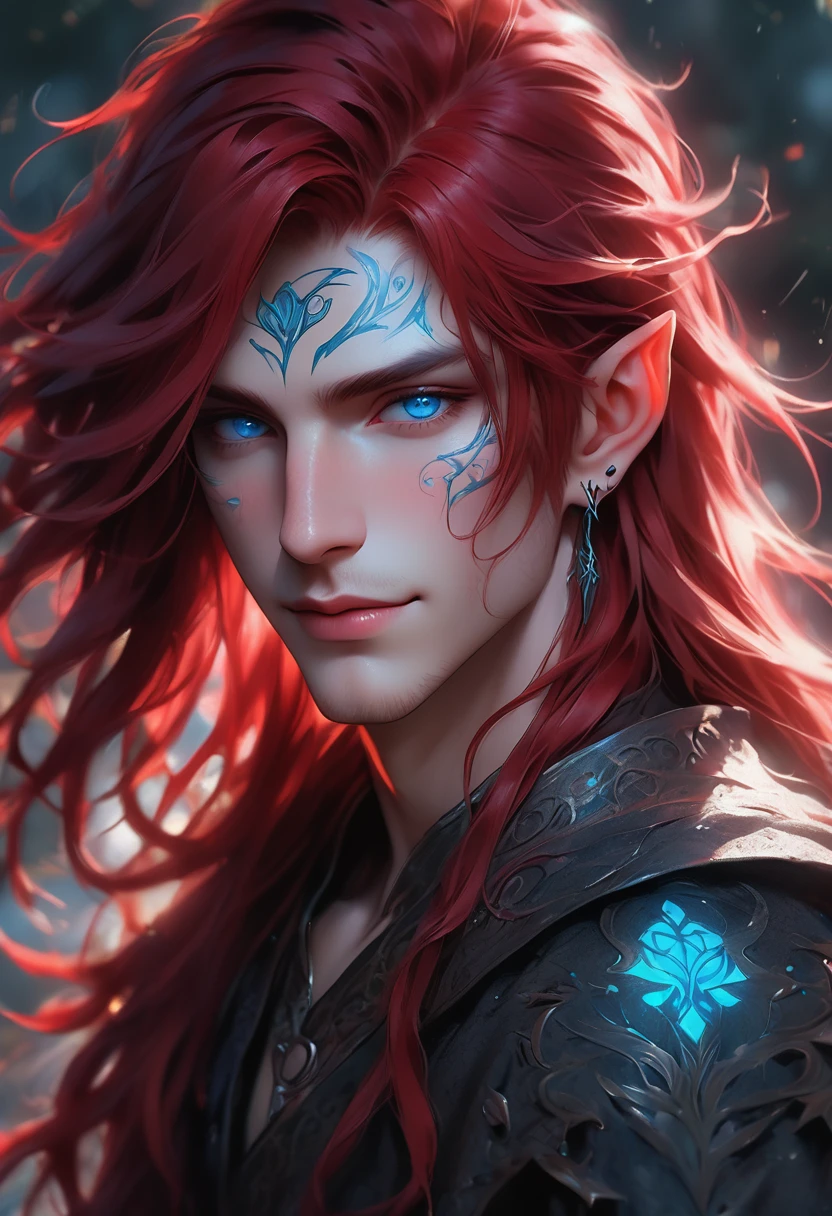 full ariel view of a ethereal demonic 25 year old anime guy male druid, with metallic foil print blood red long hair, delicate masterpieceintimate delicate etched glowing rune tattoos, winking, beautiful gorgeous elf ((male)) kissyface, perfect face, blue/black pastel eyes, long red wisp hair, freckles, piercings, foil print neonbody art, laboratory experiment, perfect anatomy, centered, almost perfect, dynamic, very detailed, glowing, artstation, concept art, soft and sharp focus, art by Carne Griffiths and Wadim Kashin, high-definition accent lighting, epic, elven atmosphere, contrasted with vibrant paint colors., futuristic cyborg in the year 2950,