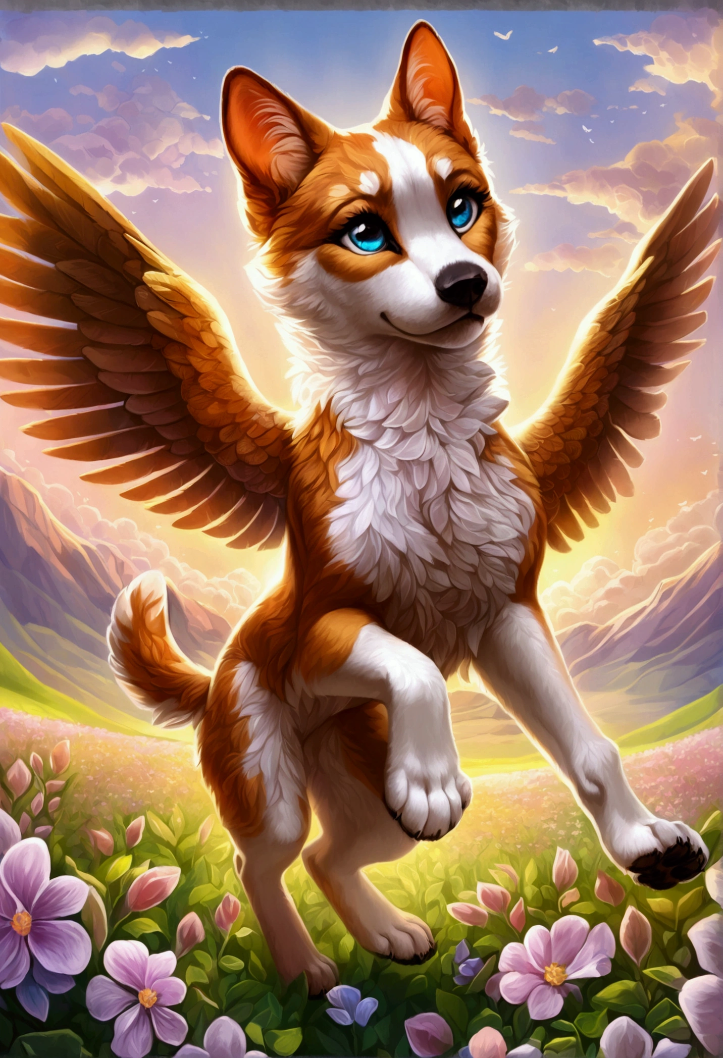 (ultra detailed), a striking and captivating full-size portrait of a female anthro flying puppy, with wings as colorful as a rainbow, soft and fluffy fur, bright, sparkling eyes filled with curiosity, posed mid-flight, suspended in mid-air, showcasing her playful nature, with a pair of small paws balanced delicately, detailed background depicting a whimsical and fantastical forest landscape, with hidden treasures and mysterious creatures, trending on artstation, cenematic lighting, an enchanting aura surrounding her, detailed eyes, a hint of a smile, showcasing her innocence and joy