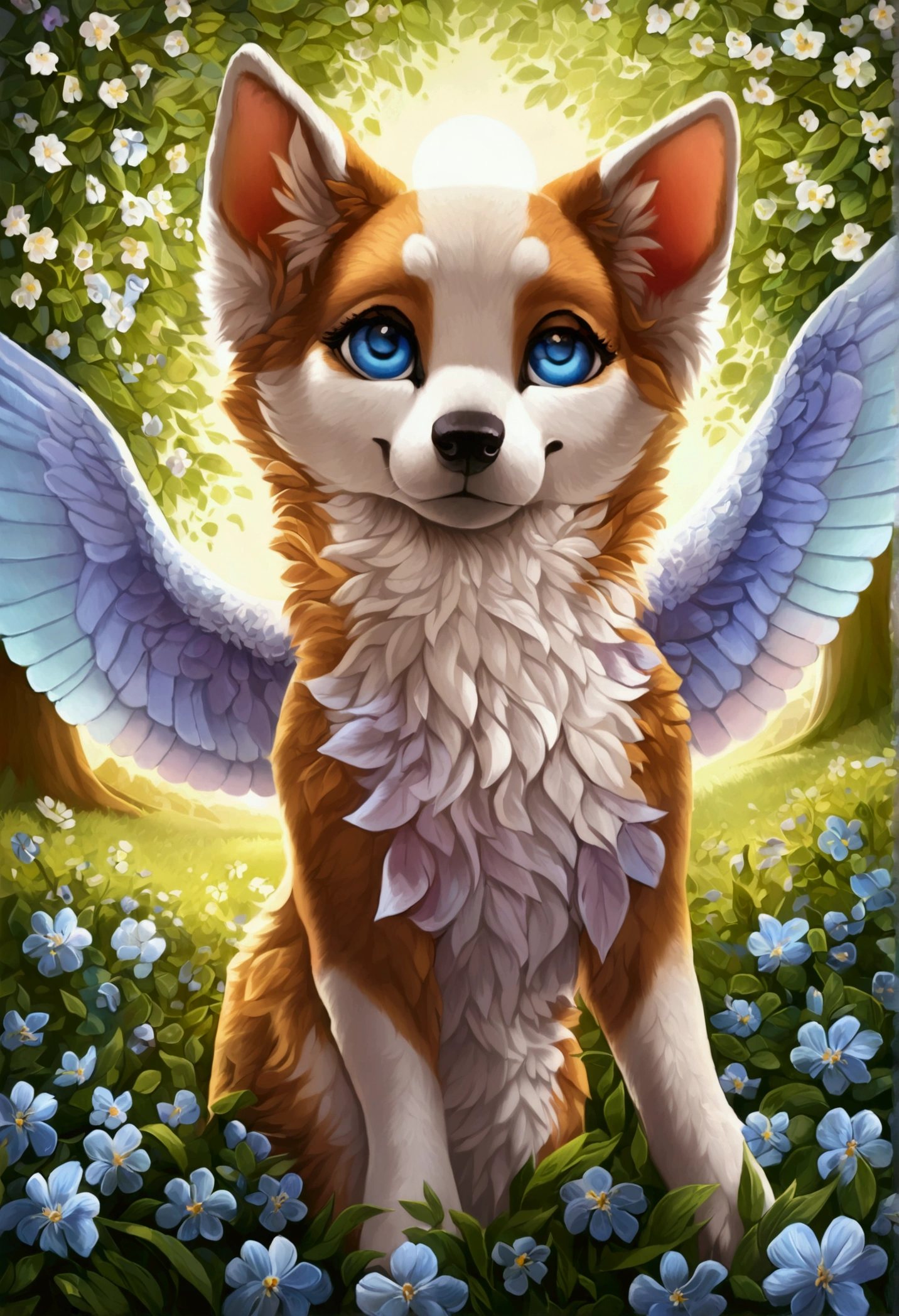 (ultra detailed), a striking and captivating full-size portrait of a female anthro flying puppy, with wings as colorful as a rainbow, soft and fluffy fur, bright, sparkling eyes filled with curiosity, posed mid-flight, suspended in mid-air, showcasing her playful nature, with a pair of small paws balanced delicately, detailed background depicting a whimsical and fantastical forest landscape, with hidden treasures and mysterious creatures, trending on artstation, cenematic lighting, an enchanting aura surrounding her, detailed eyes, a hint of a smile, showcasing her innocence and joy