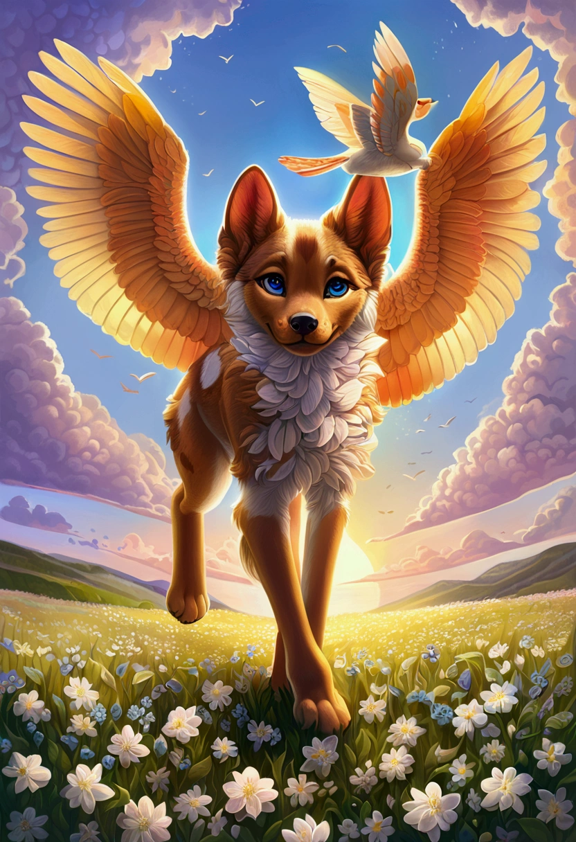 (ultra detailed), a striking and captivating full-size portrait of a female anthro flying puppy, with wings as colorful as a rainbow, soft and fluffy fur, bright, sparkling eyes filled with curiosity, posed mid-flight, suspended in mid-air, showcasing her playful nature, with a pair of small paws balanced delicately, detailed background depicting a whimsical and fantastical forest landscape, with hidden treasures and mysterious creatures, trending on artstation, cenematic lighting, an enchanting aura surrounding her, detailed eyes, a hint of a smile, showcasing her innocence and joy