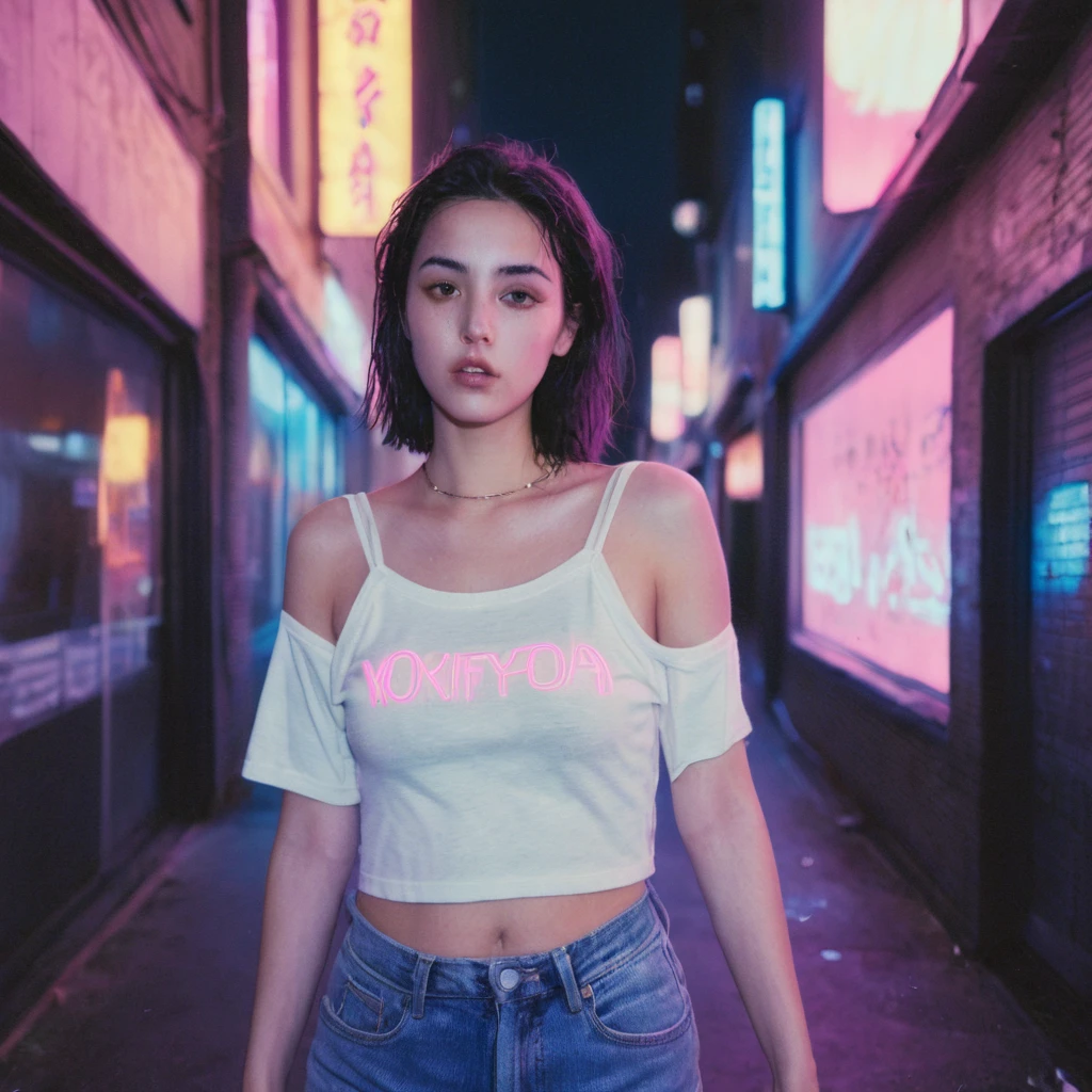xxmixgirl, 1girl wet tshirt look sexy, splash detailed, surreal dramatic lighting shadow (lofi, analog), kodak film by Brandon Woelfel Ryan McGinley, Futuristic city with Neon light and cyberpunk atmosphere, normal breasts, normal hips