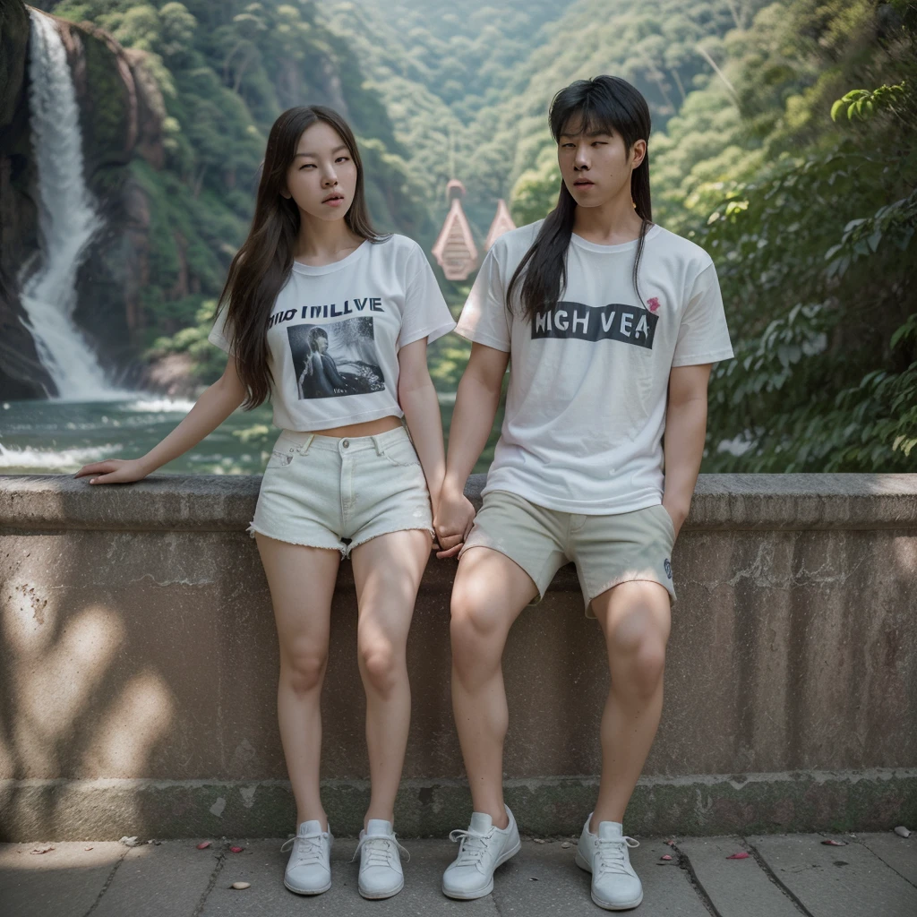 Full body professional photography. Korean man and woman, young, long hair, loose white women's couple t-shirt with 'MEV' written on it. shorts, white shoes, full of love, surrounded by a fence of romantic leaves, white clouds, blurred Canon lens with reduced cinematic lighting. very HD. high focus. Smooth fingers, no defects, high detail. Background of the tourist attraction Angel Falls, Venezuela, cinematic, photo, fashion