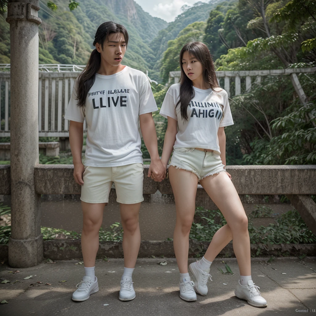 Full body professional photography. Korean man and woman, young, long hair, loose white women's couple t-shirt with 'MEV' written on it. shorts, white shoes, full of love, surrounded by a fence of romantic leaves, white clouds, blurred Canon lens with reduced cinematic lighting. very HD. high focus. Smooth fingers, no defects, high detail. Background of the tourist attraction Angel Falls, Venezuela, cinematic, photo, fashion