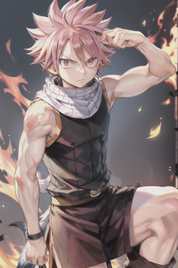 masterpiece, best quality, 1boy, natsu dragneel, scarf, sleeveless, black eyes, fire, arm up, pink hair, ears wolf, tail, red eyes