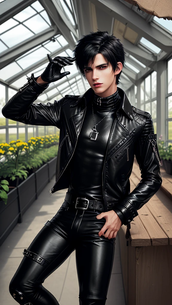 Final fantasy taste and reality graphics, Japanese young cute and cool ikemen  boy, his age is early 20s, thin eyebrows and beady eyes,  ((he wearing black color leather  thick and heavy material jacket)), ((jacket is singlebrest)), ((biker style jacket)), ((with epaulet)), ((jacket is long sleeve)), ((zipped front of the leather jacket)), , ((voluminous leather jacket)), ,((must jacket is high length and stand-up collar)) ((jacket collar with two belts)), ((jacket is a little black color line pattern)), ((also wearing black thick material turtleneck lackluster shirts)),  ((tight black leather pants)),  ((put black leather tight and thin glove on both hands)), ((black leather knee-high raceup boots)),((must views  head-to-toe)),((must views whole body)), ,((Do not show skin from the neck down)),leather jacket leather glove and leather pants have few wrinkles, Avoid showing your innerwear,zip up jacket fastner.must put on a leather glove.
Bous face is expression of ecstasy.
Boy is black hair.boy looks like fashion model.
((In the greenhouse)),