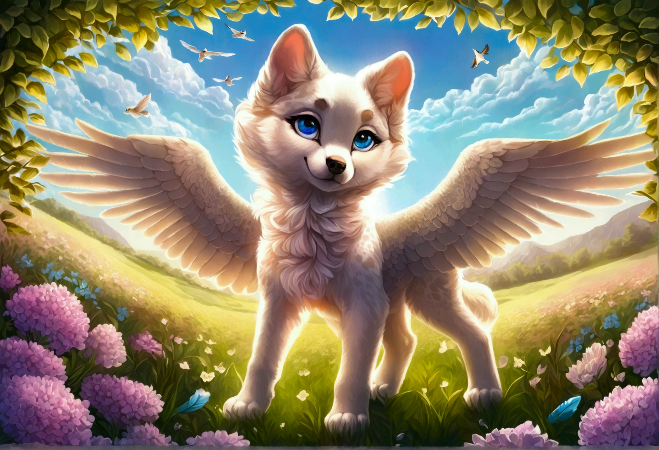 (ultra detailed), a striking and captivating full-size portrait of a female anthro flying puppy, with wings as colorful as a rainbow, soft and fluffy fur, bright, sparkling eyes filled with curiosity, posed mid-flight, suspended in mid-air, showcasing her playful nature, with a pair of small paws balanced delicately, detailed background depicting a whimsical and fantastical forest landscape, with hidden treasures and mysterious creatures, trending on artstation, cenematic lighting, an enchanting aura surrounding her, detailed eyes, a hint of a smile, showcasing her innocence and joy