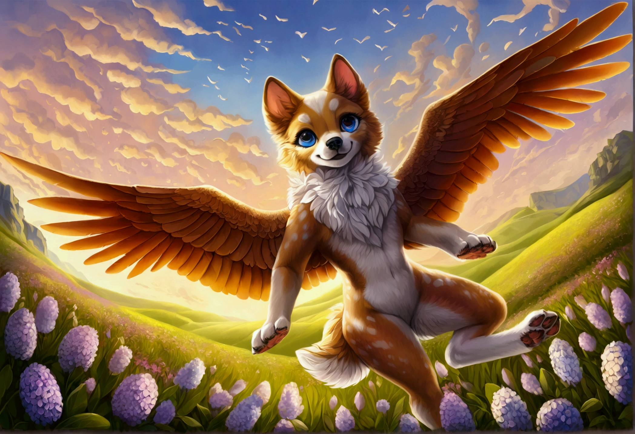 (ultra detailed), a striking and captivating full-size portrait of a female anthro flying puppy, with wings as colorful as a rainbow, soft and fluffy fur, bright, sparkling eyes filled with curiosity, posed mid-flight, suspended in mid-air, showcasing her playful nature, with a pair of small paws balanced delicately, detailed background depicting a whimsical and fantastical forest landscape, with hidden treasures and mysterious creatures, trending on artstation, cenematic lighting, an enchanting aura surrounding her, detailed eyes, a hint of a smile, showcasing her innocence and joy