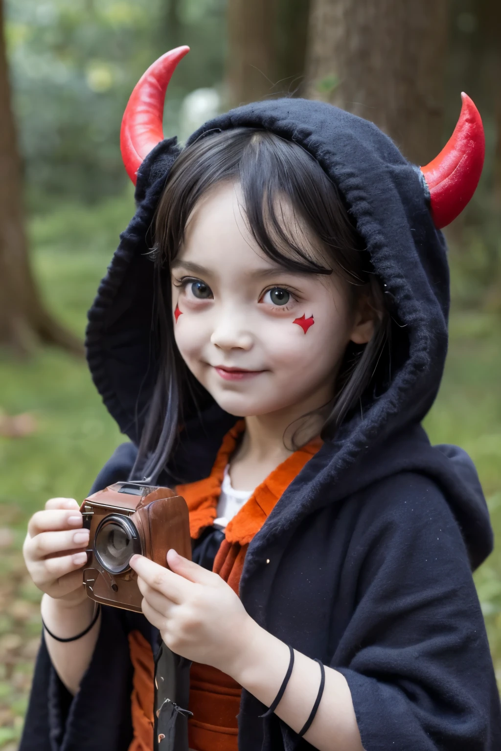 Cute horror fantasy、Disney-style horror effects、Picture book style、Children's book style、BREAK 、solo、1girl\((devil:1.6),cute,(dancing:1.4),Wicked Smile,Dark skin,Sagging under the eyes,Long eyebrows,Big eyes,Little,Long nails,Orange eyes,hair,(Look down at yourself:1.3),Wear a cloak\((Very large:1.5),(Very long:1.3),(traditional_patterned:1.2)\)\), BREAK ,background\(Note, (dead tree:1.3), in the forest,shadow_the cardboard\(Bat,doll,Crow\)\),(Long Shot),(Wide Shot),(Dynamic Angle),whole body