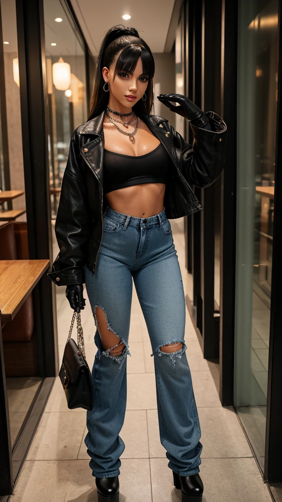 Alisha Lehmann skinny sexy model, black hair with Chinese bangs She is wearing an oversized denim jacket with big oversized stylish denim jacket street wear trendy wear,denim hand gloves and big baggy high waist oversized denim baggy ripped jeans, she has small sexy breasts ankle boots heels sexy skinny thighs,full body view,luxuy restaurant night out, date night, gloves hooves earrings, necklace chain,no tattoo walking , big hooves earrings,  facing the camera full body view looking at the camera oversized baggy pants hands wearing denim hand gloves 