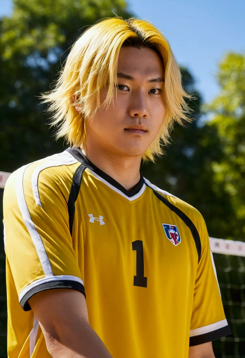 ((fully cloofd))High resolution, masterpiece,Kenma Kozume, ((1 personof男of子,)) ((1 person)), black_hair (blonde_hair) Looking_To_of_male side_Focus Multicolor_hair,Solo Sportswear Sweat Sweatdrop Twitter_ユーザー名of結び付け_hair upper_Body Volleyball_Yellow uniform_eye, Detailed Background, bright,Volleyball court, outside,blue sky, forest,