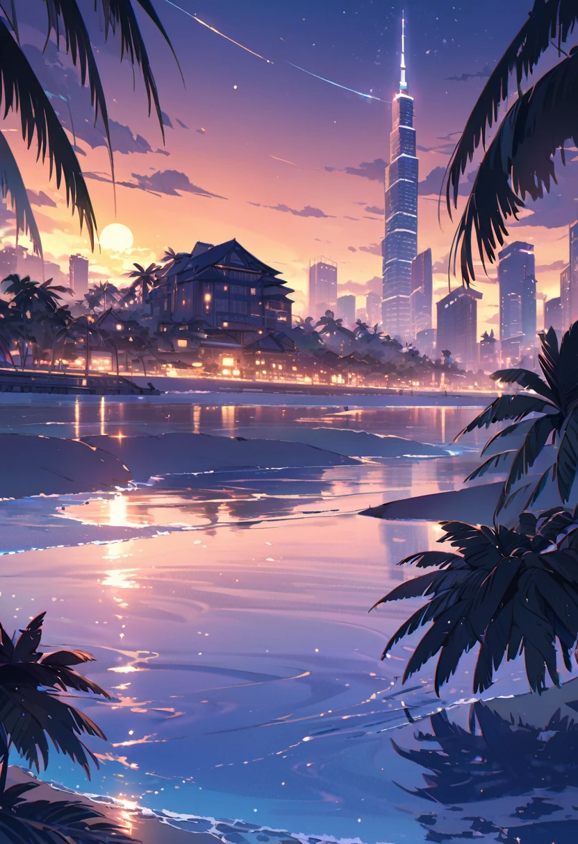 a breathtaking 8k nocturnal seascape with a vibrant cityscape illuminating the distant horizon, where towering skyscrapers and grand architecture stretch towards the starry night sky, their reflections shimmering in the calm waters of the sea, which gently laps against the sandy shore, where palm trees sway in the soft breeze, their delicate fronds silhouetted against the warm glow of streetlights, as the sound of gentle waves and distant city hum creates a soothing ambiance, with a color palette ranging from deep blues and purples to warm golden hues, capturing the essence of a serene and peaceful night by the sea.