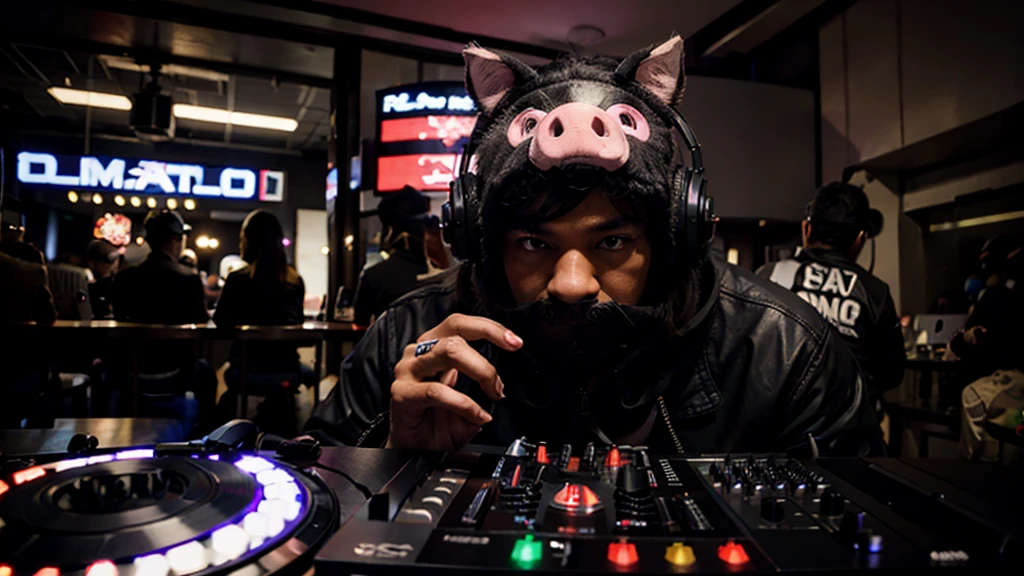 DJ AND ELECTRONIC PRODUCER MAN WITH FULLY COVERED BLACK REALISTIC PIG HEAD MASK PIG HELMET, CASCO DE MARRANO MASK PIG, PUERCO NEGO PUERCO MARRANO