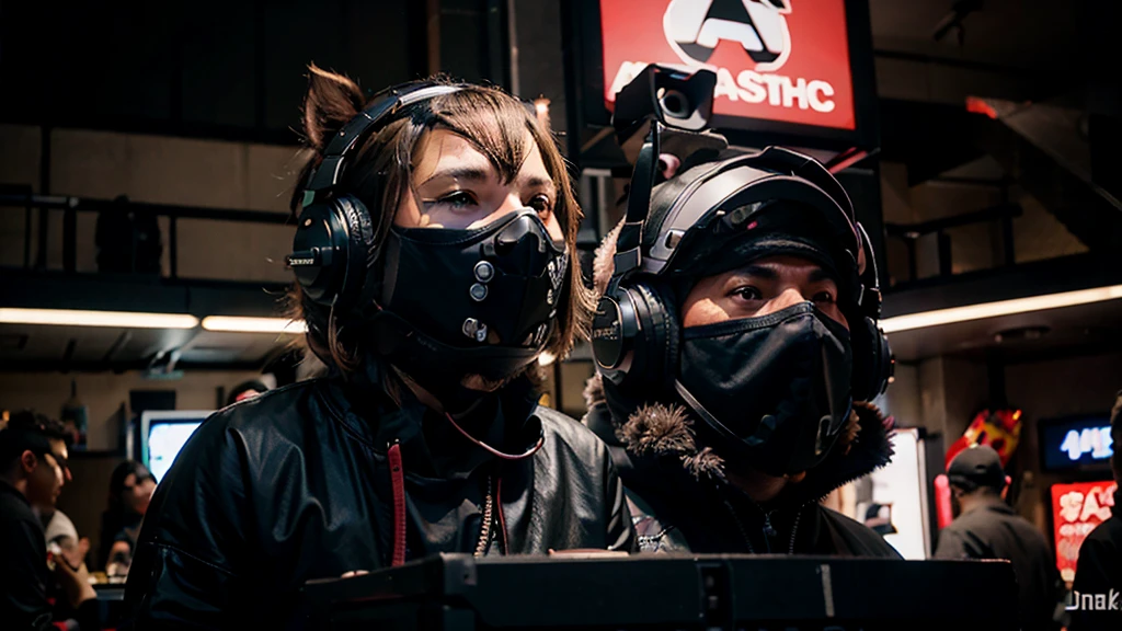 DJ AND ELECTRONIC PRODUCER MAN WITH FULLY COVERED BLACK REALISTIC PIG HEAD MASK PIG HELMET, CASCO DE MARRANO MASK PIG, PUERCO NEGO PUERCO MARRANO