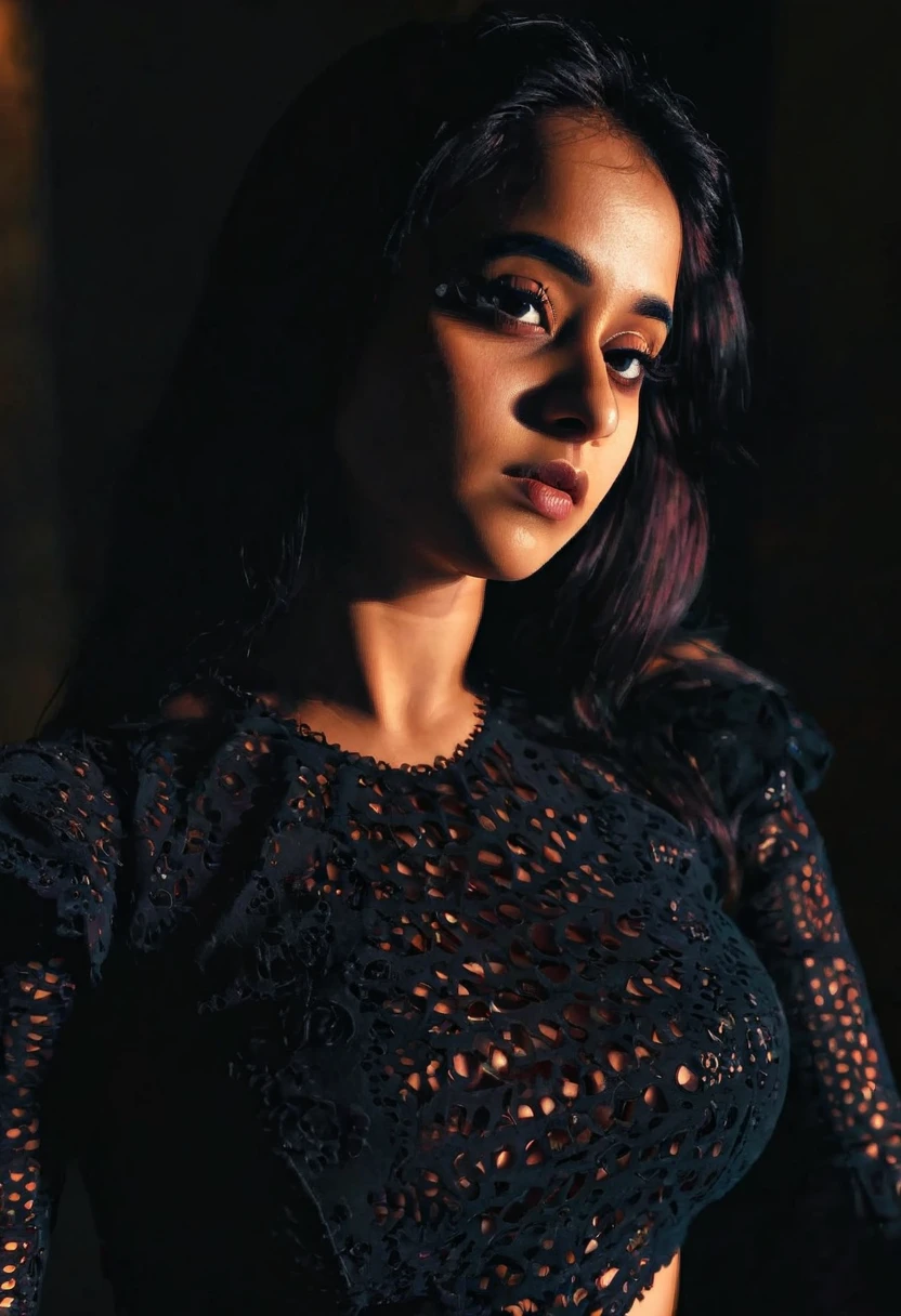 realistic photo, 1 young Indian woman, , curvy, broad shoulders, soft build body,beautiful detailed eyes, beautiful detailed lips, extremely detailed face, hyper detailed, 8k, photorealistic, masterpiece, cinematic lighting, dramatic lighting, volumetric lighting, intense colors, vivid colors, dark and gritty, gothic, moody, chiaroscuro, dramatic shadows, dramatic highlights, dramatic contrast, varsha , Shanvi, naked, wearing tight blouse