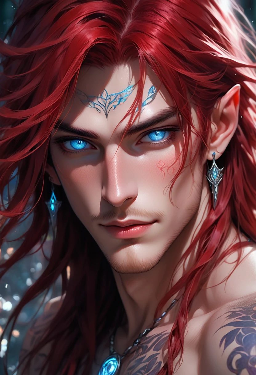 full ariel view of a ethereal demonic 25 year old anime guy male druid, with metallic foil print blood red long hair, delicate masterpieceintimate delicate etched glowing rune tattoos, winking, beautiful gorgeous elf ((male)) kissyface, perfect face, blue/black pastel eyes, long red wisp hair, freckles, piercings, foil print neonbody art, laboratory experiment, perfect anatomy, centered, almost perfect, dynamic, very detailed, glowing, artstation, concept art, soft and sharp focus, art by Carne Griffiths and Wadim Kashin, high-definition accent lighting, epic, elven atmosphere, contrasted with vibrant paint colors., futuristic cyborg in the year 2950,