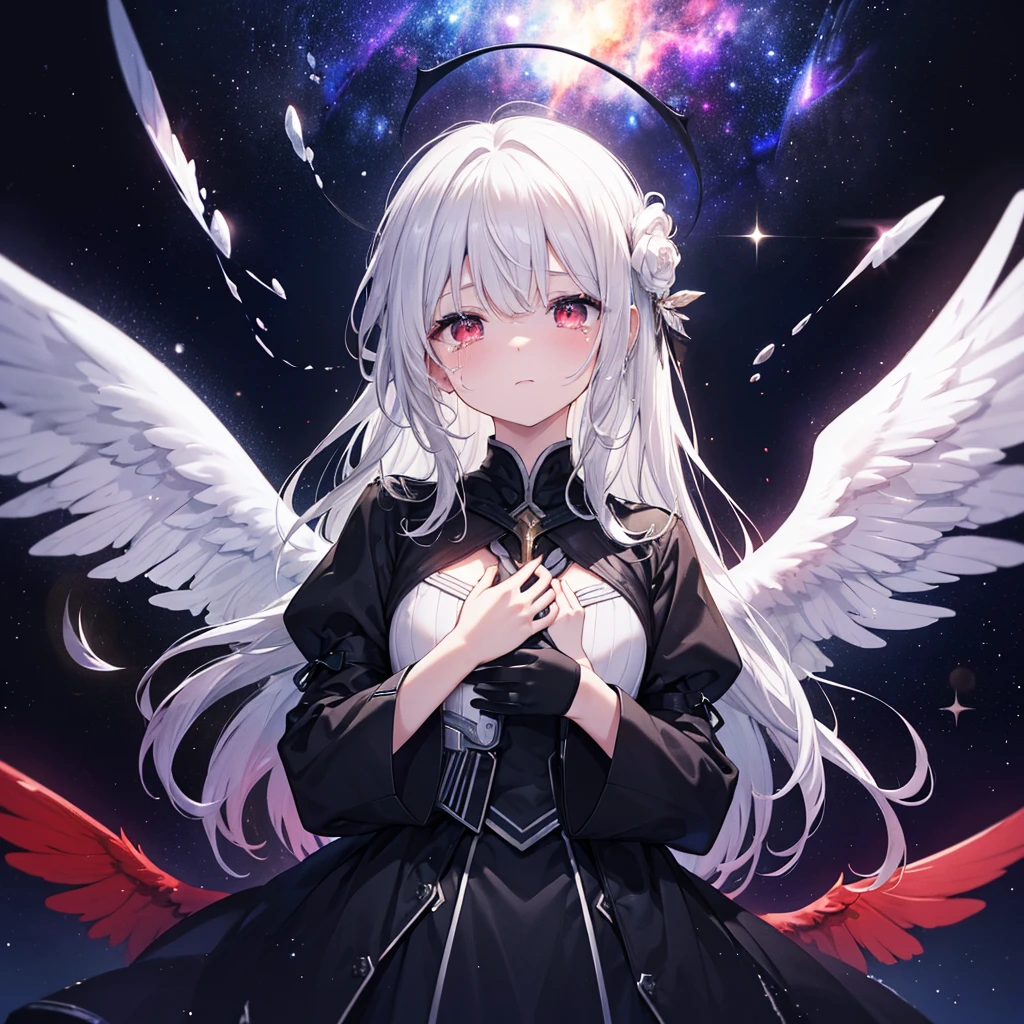 (((((Archangel、Place your hand on your chest、Face it、Close-up Galaxy Background、Shine tears、Reflection of light))))) ((((Pitch black ring Fantasy Long Hair、Black and white、Swaying in the Wind Dull red eyes Moe sleeves Wings bigger than me)))) (((Lonely、despair Disgust))) ((gloves)) (Distorted Space-Time Big full moon) Shine背景 Particles of light, Shineエッジ