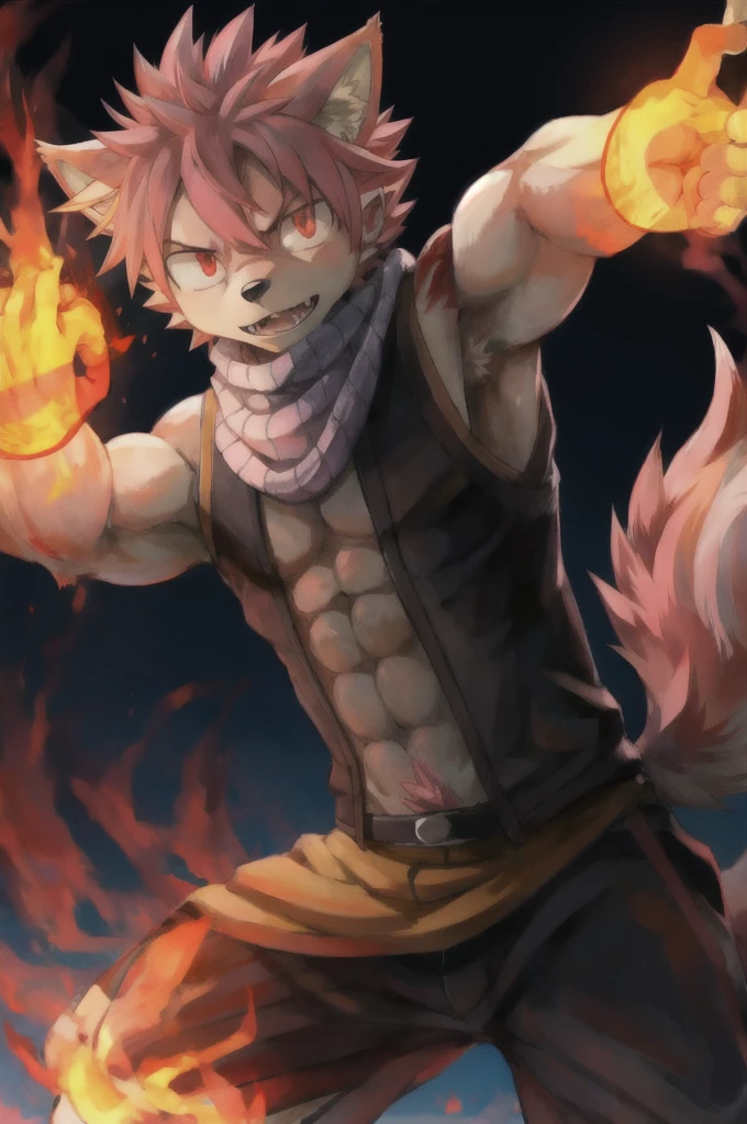 masterpiece, best quality, 1boy, natsu dragneel, scarf, sleeveless, black eyes, fire, arm up, pink hair, ears wolf, tail, red eyes