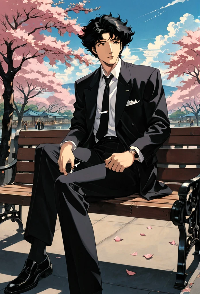 Cherry blossom park,A man sitting on a bench, Black Suit,A loose black tie,Black eyes, smile, Black Hair, Smoking a cigarette,1990s style, (masterpiece, Highest quality, Professional, Perfect composition, so beautiful, Absurd, Very detailed, Intricate details:1.3),cowboybebop,Spike Spiegel