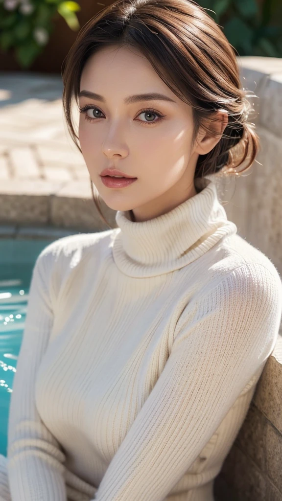 a very beautiful mature woman, in a turtleneck sweater, relaxing in a hot spring, front view, hand-drawn, illustration style, detailed facial features, highly detailed, 8k, photorealistic, beautiful detailed eyes, beautiful detailed lips, extremely detailed face, intricate details, warm color palette, soft lighting, digital painting, masterpiece,whole body