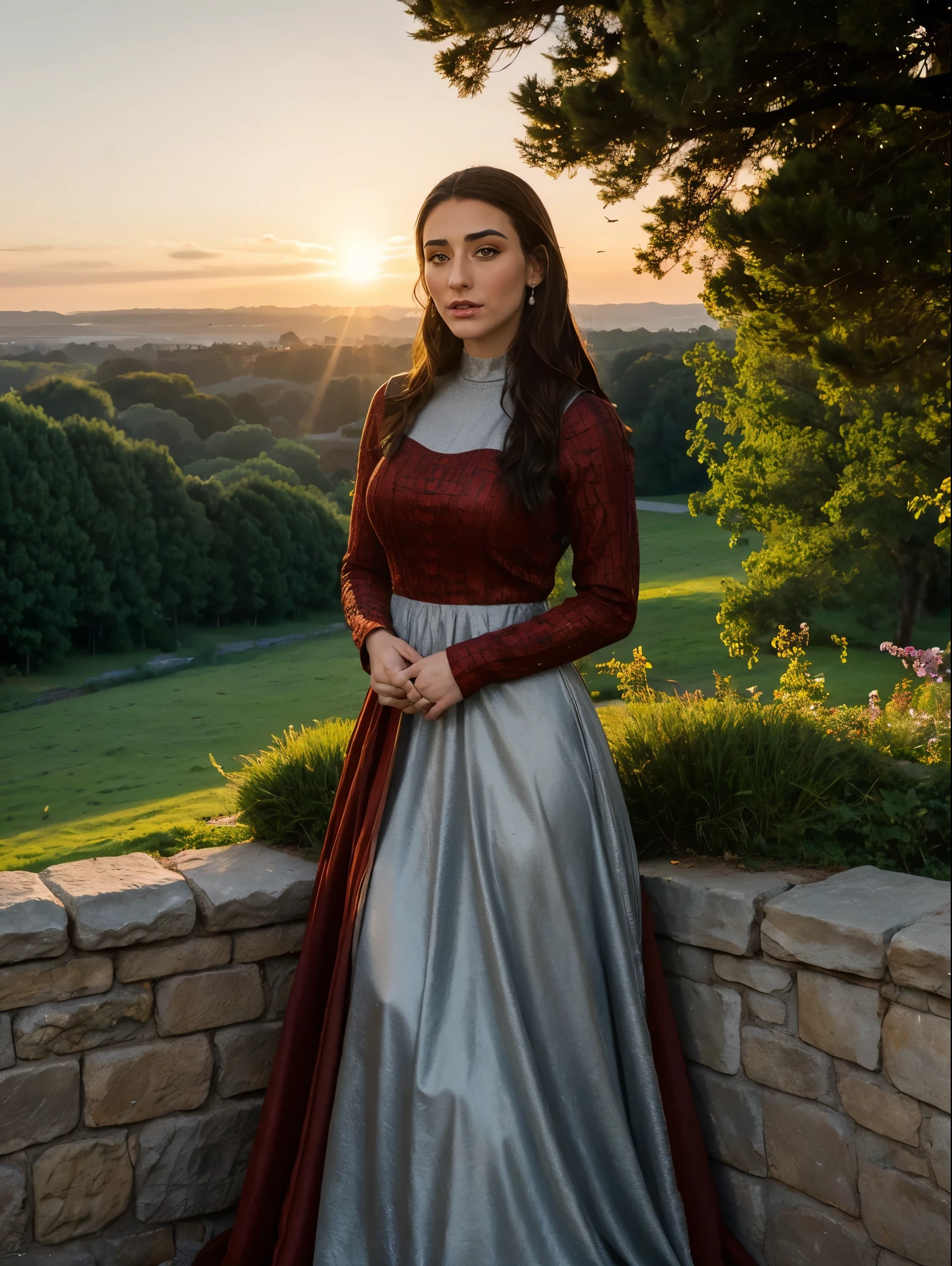 Gorgeous and sultry busty athletic (thin) brunette queen with sharp facial features wearing a modest updo, dark red medieval dress, long sleeves, intricate patterns, scrollwork, wide neck, crown, veil, long dress, modest dress, tight bodice, (silver waist chain), medieval jewelry, Middle Ages, castle, rampart, wall, exterior, on top of a castle wall, trees, countryside, evening, sunset.