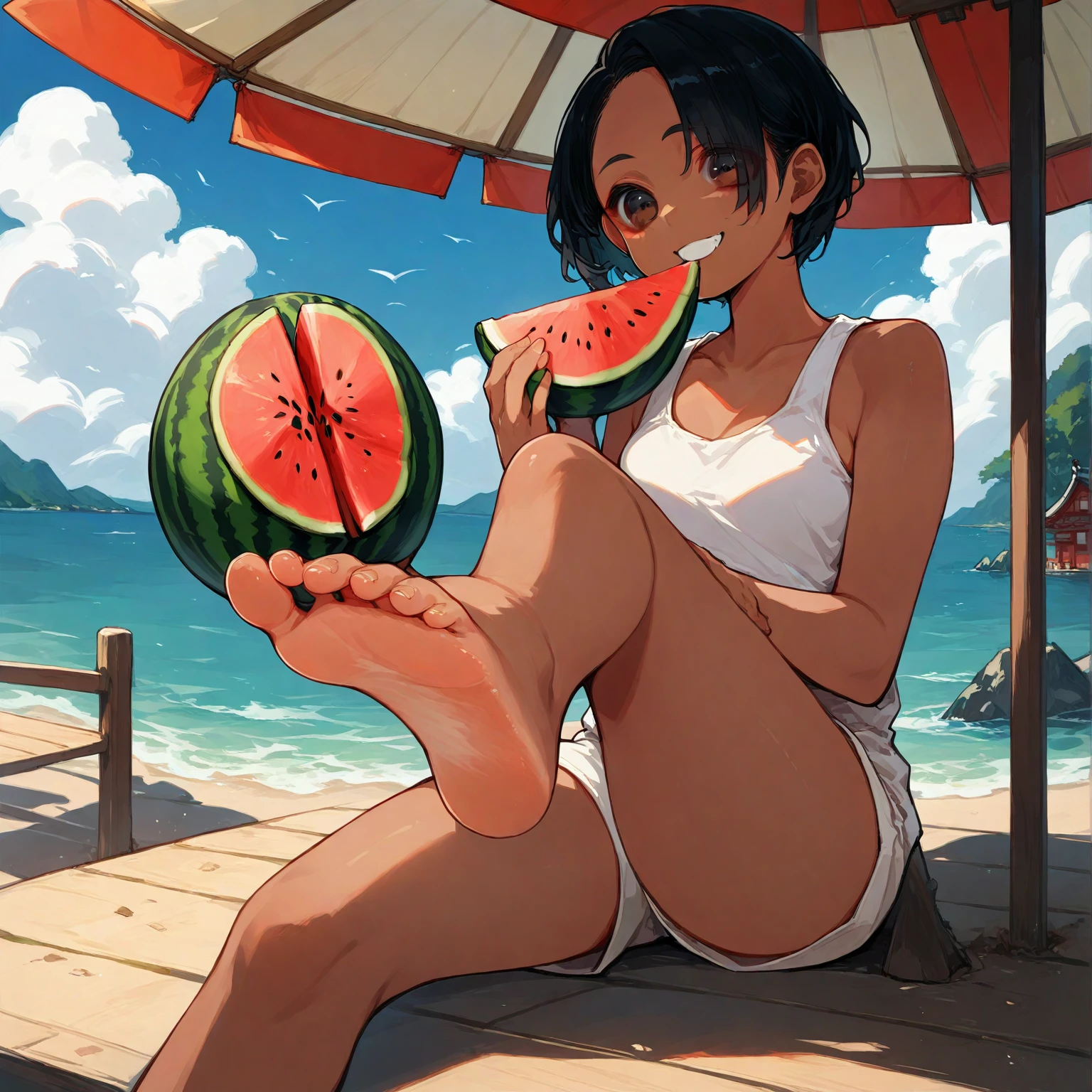 score_9, score_8_up, score_7_up, source_anime, high res image, masterpiece, best quality, 1 girl, Brown skin, shiny hair, ultra detailed eyes, eye highlights, short hair, black hair, brown eyes, white tank top, short shorts, smile,foot focus、 (eating watermelon:1.1), holding watermelon with both hands, verandah, japanese home, sitting, cetus,ocean in the distance