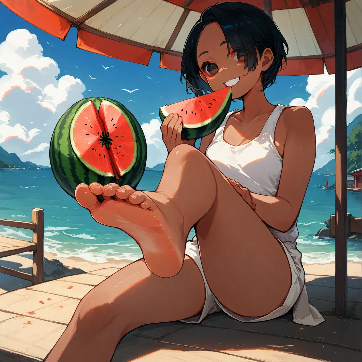 score_9, score_8_up, score_7_up, source_anime, high res image, masterpiece, best quality, 1 girl, Brown skin, shiny hair, ultra detailed eyes, eye highlights, short hair, black hair, brown eyes, white tank top, short shorts, smile,foot focus、 (eating watermelon:1.1), holding watermelon with both hands, verandah, japanese home, sitting, cetus,ocean in the distance