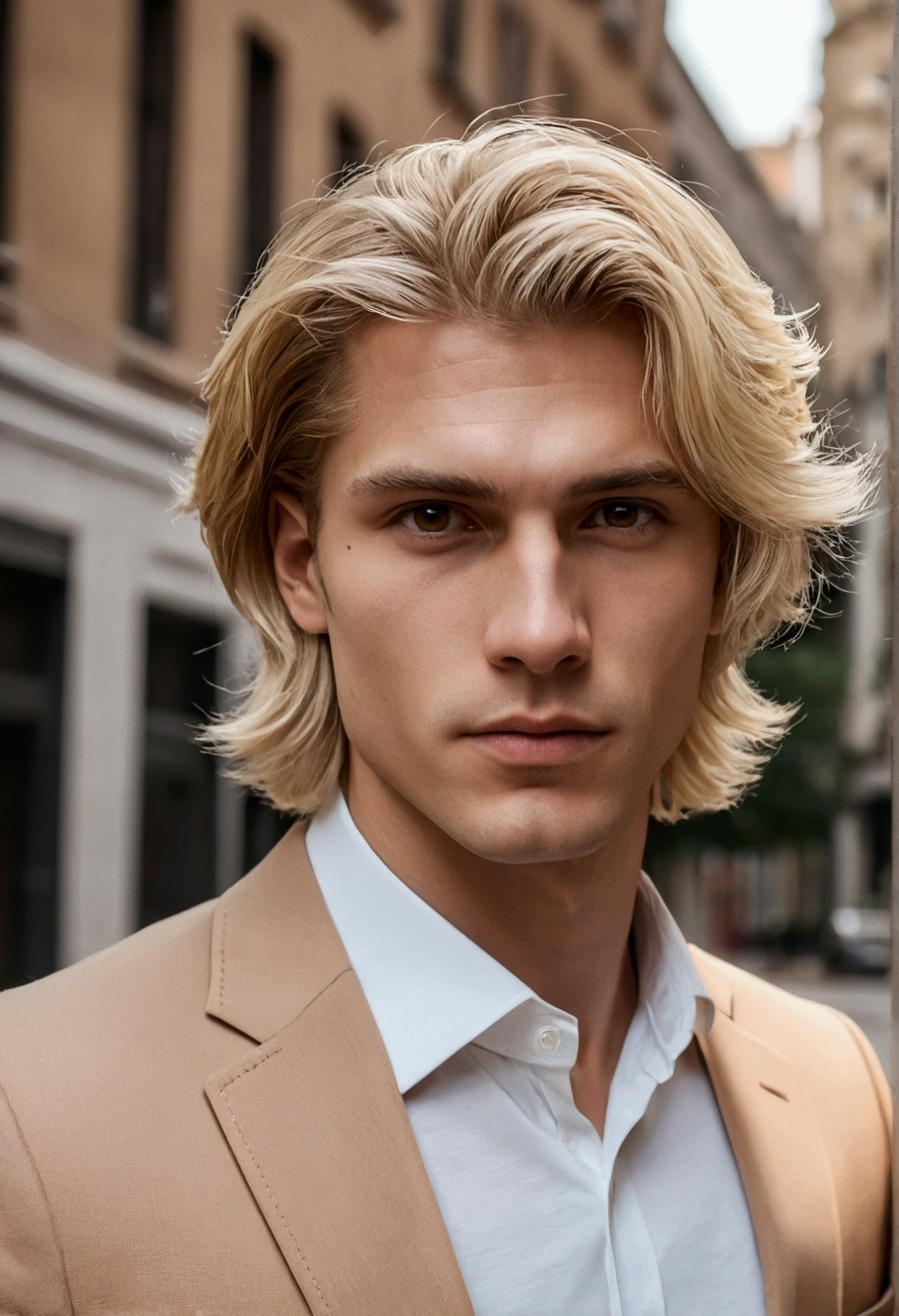 Blonde Man , medium-length hair , Brown , superb, Brown eyes , Held in the city, Style is an emotional and calm scene., Portraits on social networks, Capture portraits in detail, (upper body)