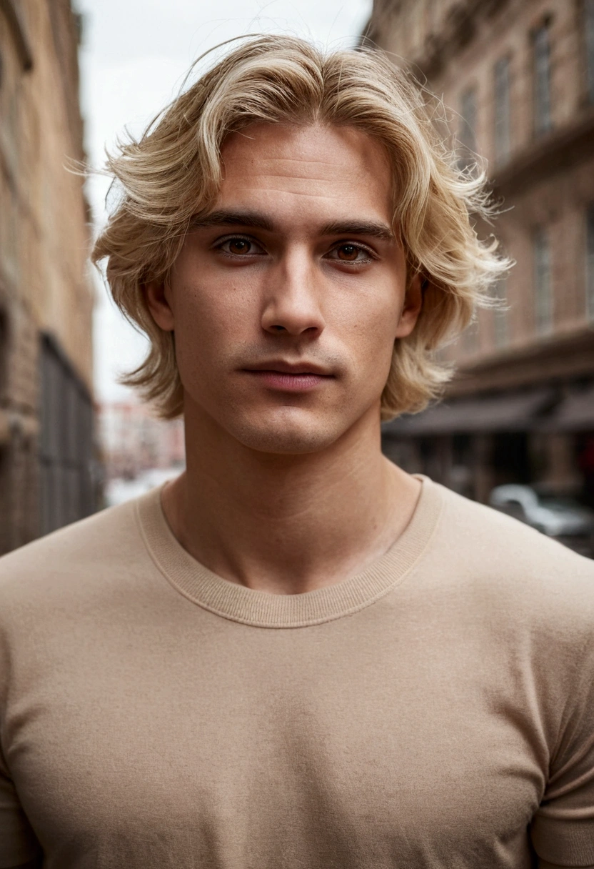 Blonde Man , medium-length hair , Brown , superb, Brown eyes , Held in the city, Style is an emotional and calm scene., Portraits on social networks, Capture portraits in detail, (upper body)