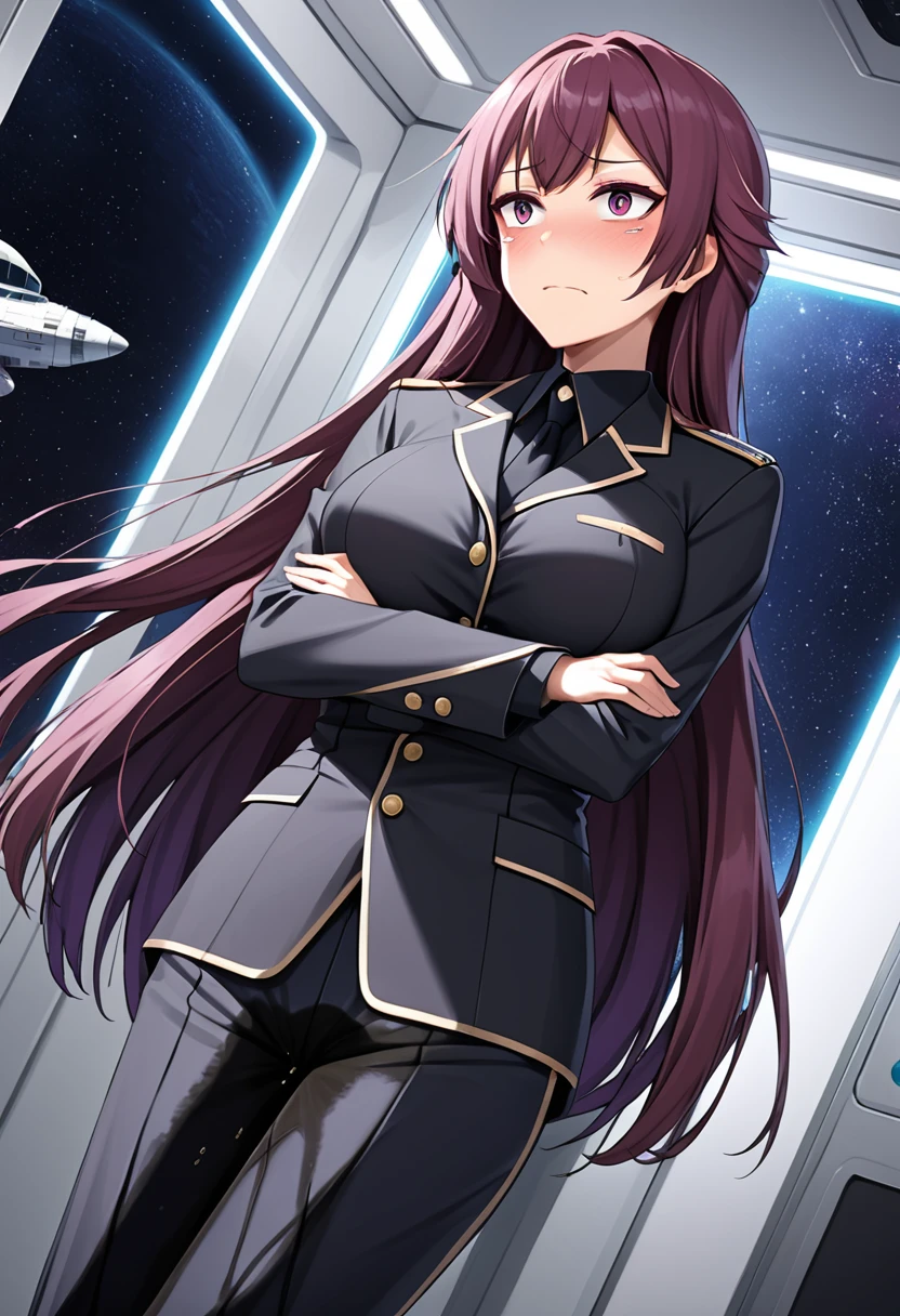 (high quality,Very detailed:1.37, High resolution), Woman, (mature:2.0), (Sakaki Yumiko:1.5), (very long hair:1.5), (dark purple hair:2.5), purple eyes, large breasts, tuxedo, necktie, (pants:1.5), (wetting herself:1.5), standing, (arms crossed:1.5), (embarrassed:1.5), (humiliation:1.5), (constricted pupils:1.5), (sweating:1.5), shaking, (trembling:1.5), (blushing:1.5), Meticulous details, (extremely detailed eys:1.37), space station, interior, science fiction, futuristic, full body