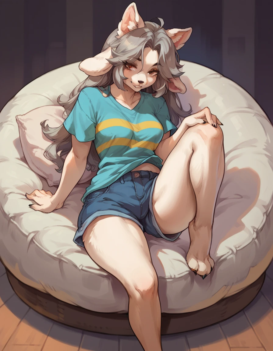 score_9,score_8_up,score_7_up, source_anime, temmie from undertale, Anthro girl, short silver grey hair, tall slender body, brown eyes, white furry body, canine feline hybrid girl, four ears, floppy white dog ears, white cat ears, wearing shirt, shorts, barefoot, feet paws four toes, sitting on a beanbag chair, playful pose, one leg up, seductive