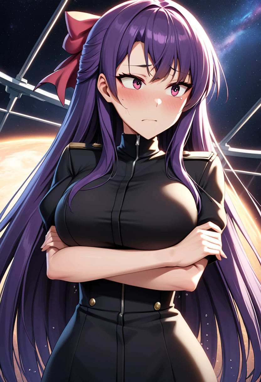 (high quality,Very detailed:1.37, High resolution), Woman, (mature:2.0), (Sakaki Yumiko:2.0), Grisaia, very long hair, (very dark purple hair:1.5), purple eyes, large breasts, military uniform, pants, (wetting herself:1.5), standing, (arms crossed:1.5), (embarrassed:1.5), (humiliation:1.5), (constricted pupils:1.5), (sweating:1.5), shaking, (trembling:1.5), (blushing:1.5), Meticulous details, (extremely detailed eys:1.37), space station, interior, science fiction, futuristic