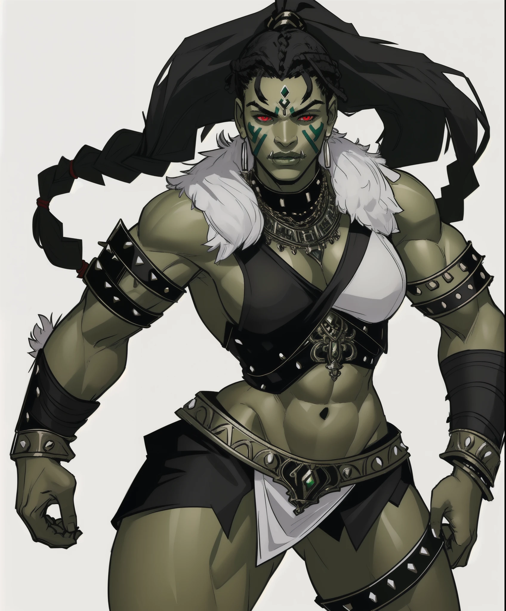 woman, shewoworc, olive green skin, (perfect face), defined jawline, beautiful dark green lips, (beautiful bright red eyes), (long black braided ponytail:1.2), (green skin), (perfect anatomy), (athletic body), (sexy), exposed midriff, abs, (white tribal face paint;1.2), (intricate black tribal heavy-plated rugged breastplate, white fur lining:1.2), (intricate silver arm bracers studded with gems), (intricate ancient tribal bone necklace), (standing, hand on waist, flexing biceps), (looking at viewer), (medium shot photograph), ((background, white background: 1.3))