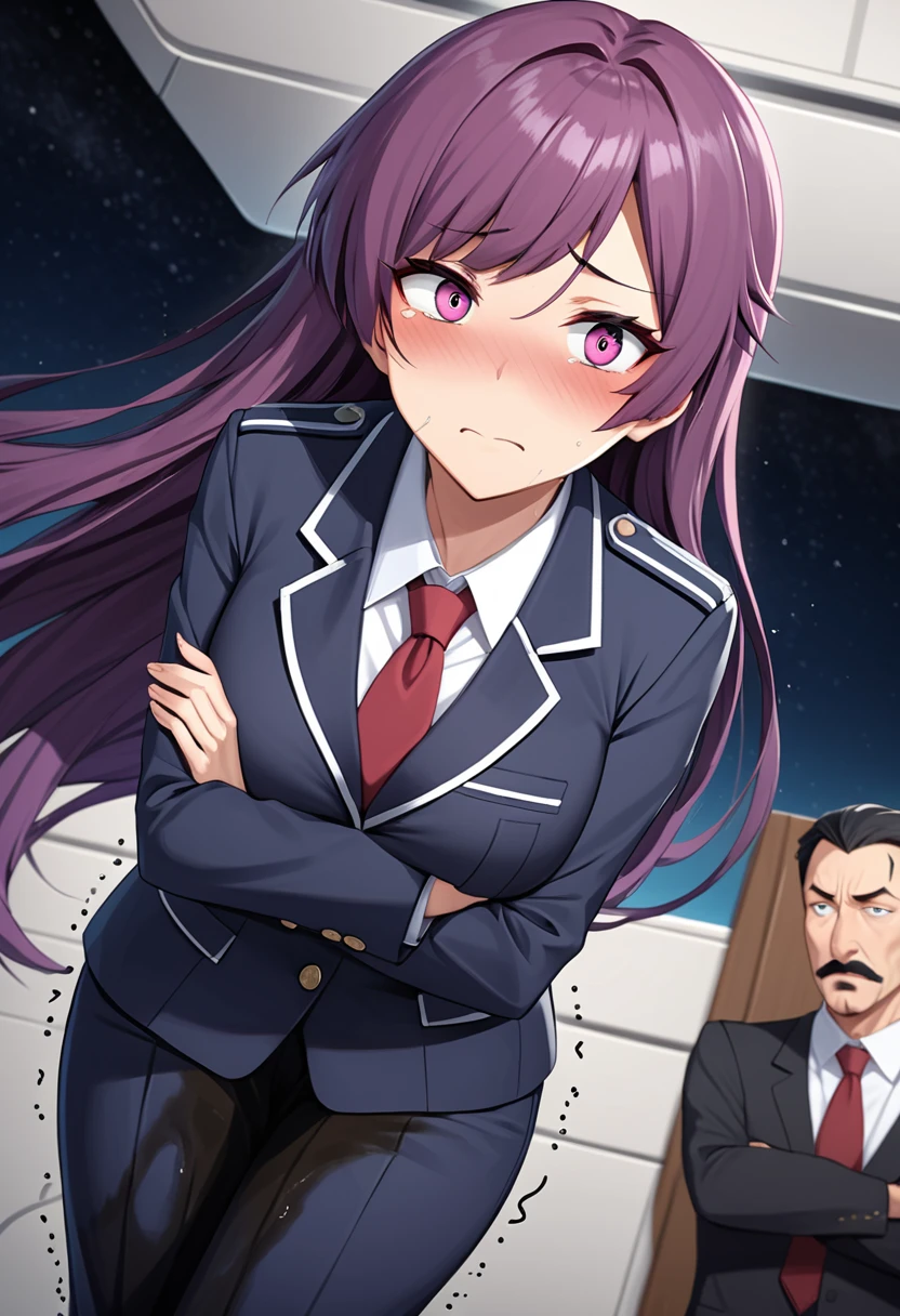 (high quality,Very detailed:1.37, High resolution), Woman, (mature:2.0), (Sakaki Yumiko:2.0), (very long hair:1.5), (purple hair:1.5), purple eyes, large breasts, military uniform, pants, (wetting herself:1.5), standing, (arms crossed:1.5), (embarrassed:1.5), (humiliation:1.5), (constricted pupils:1.5), (sweating:1.5), shaking, (trembling:1.5), (blushing:1.5), Meticulous details, (extremely detailed eys:1.37), space station, interior, science fiction, futuristic