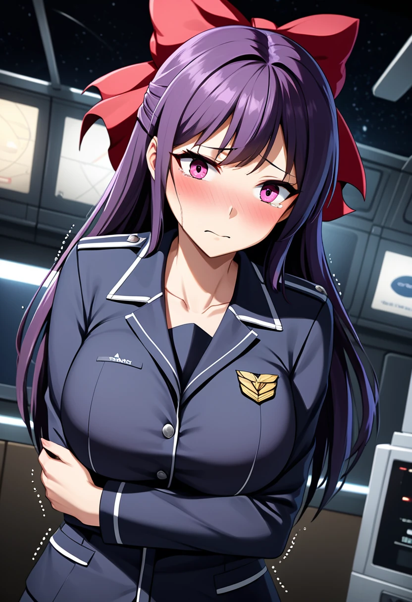 (high quality,Very detailed:1.37, High resolution), 1girl, Woman, (solo:1.5), (mature:2.0), (Sakaki Yumiko:2.0), Grisaia, very long hair, (dark purple hair:1.5), purple eyes, large breasts, military uniform, pants, (wetting herself:1.5), standing, (arms crossed:1.5), (embarrassed:1.5), (humiliation:1.5), (constricted pupils:1.5), (sweating:1.5), shaking, (trembling:1.5), (blushing:1.5), Meticulous details, (extremely detailed eys:1.37), space station, interior, science fiction, futuristic