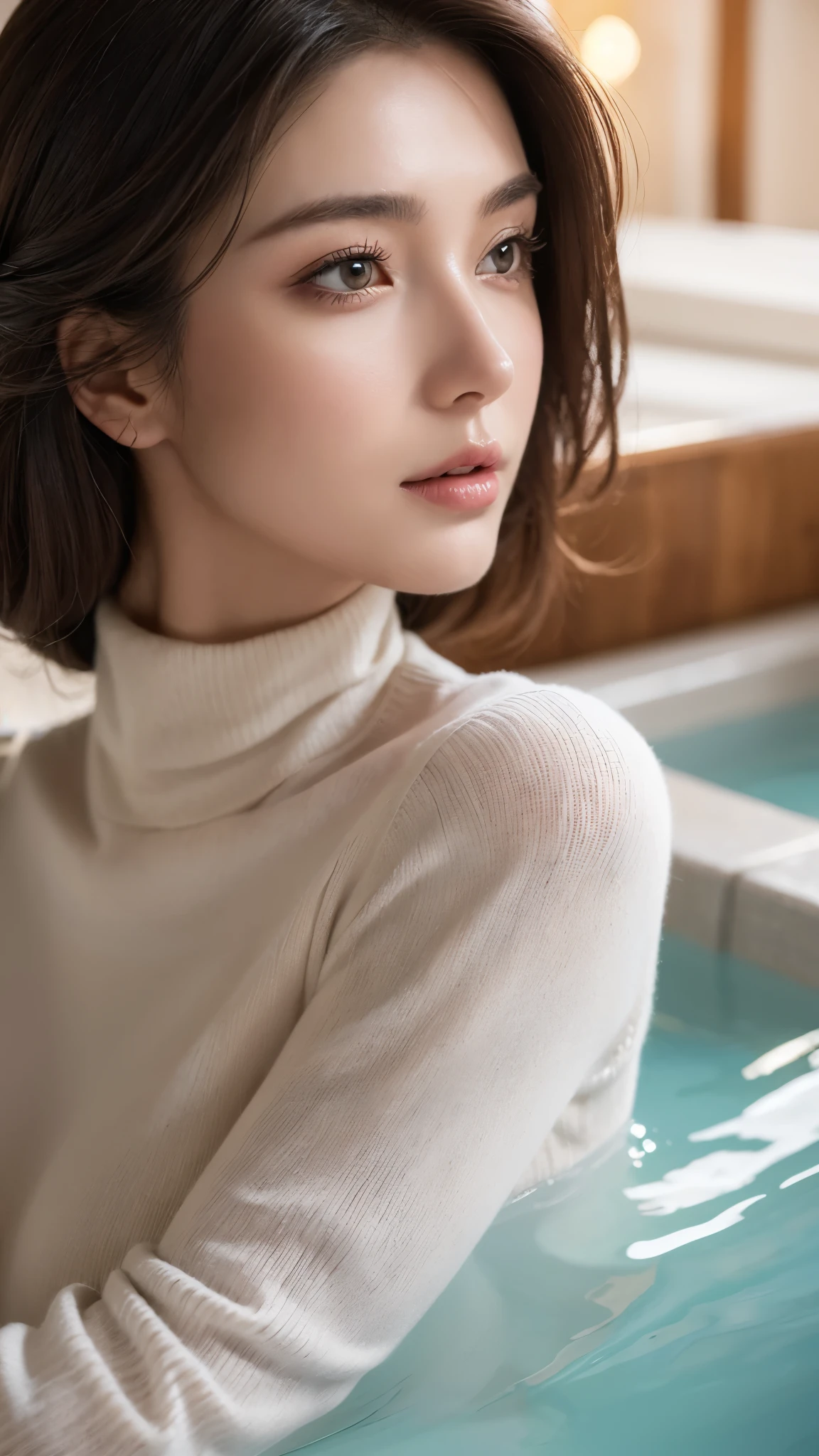 a very beautiful mature woman, in a turtleneck sweater, relaxing in a hot spring, front view, hand-drawn, illustration style, detailed facial features, highly detailed, 8k, photorealistic, beautiful detailed eyes, beautiful detailed lips, extremely detailed face, intricate details, warm color palette, soft lighting, digital painting, masterpiece,whole body