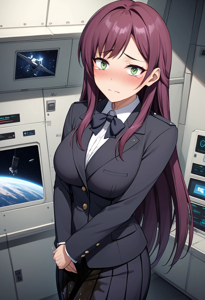 (high quality,Very detailed:1.37, High resolution), 1girl, Woman, (solo:1.5), (mature:2.0), (Sakaki Yumiko:2.0), Grisaia, very long hair, purple hair, purple eyes, large breasts, military uniform, pants, (wetting herself:1.5), standing, (embarrassed:1.5), (humiliation:1.5), (constricted pupils:1.5), (sweating:1.5), shaking, (trembling:1.5), (blushing:1.5), Meticulous details, (extremely detailed eys:1.37), space station, interior, science fiction, futuristic