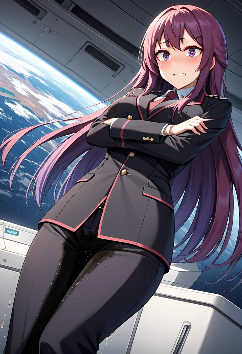 (high quality,Very detailed:1.37, High resolution), Woman, (mature:2.0), (Sakaki Yumiko:2.0), (very long hair:1.5), (purple hair:1.5), purple eyes, large breasts, military uniform, pants, (wetting herself:1.5), standing, (arms crossed:1.5), (embarrassed:1.5), (humiliation:1.5), (constricted pupils:1.5), (sweating:1.5), shaking, (trembling:1.5), (blushing:1.5), Meticulous details, (extremely detailed eys:1.37), space station, interior, science fiction, futuristic