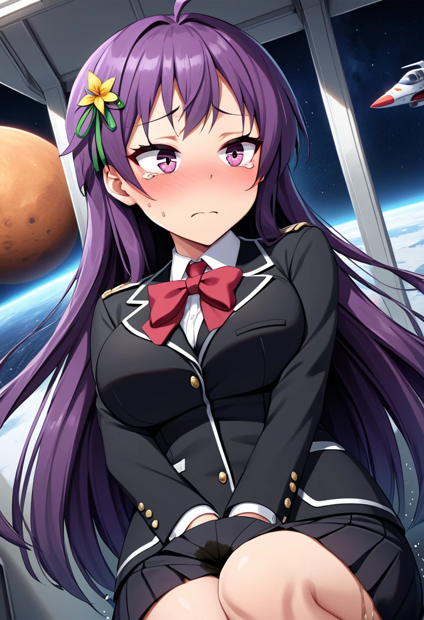 (high quality,Very detailed:1.37, High resolution), Woman, (mature:2.0), (Sakaki Yumiko:2.0), (very long hair:1.5), (purple hair:1.5), purple eyes, large breasts, military uniform, pants, (wetting herself:1.5), standing, (arms crossed:1.5), (embarrassed:1.5), (humiliation:1.5), (constricted pupils:1.5), (sweating:1.5), shaking, (trembling:1.5), (blushing:1.5), Meticulous details, (extremely detailed eys:1.37), space station, interior, science fiction, futuristic