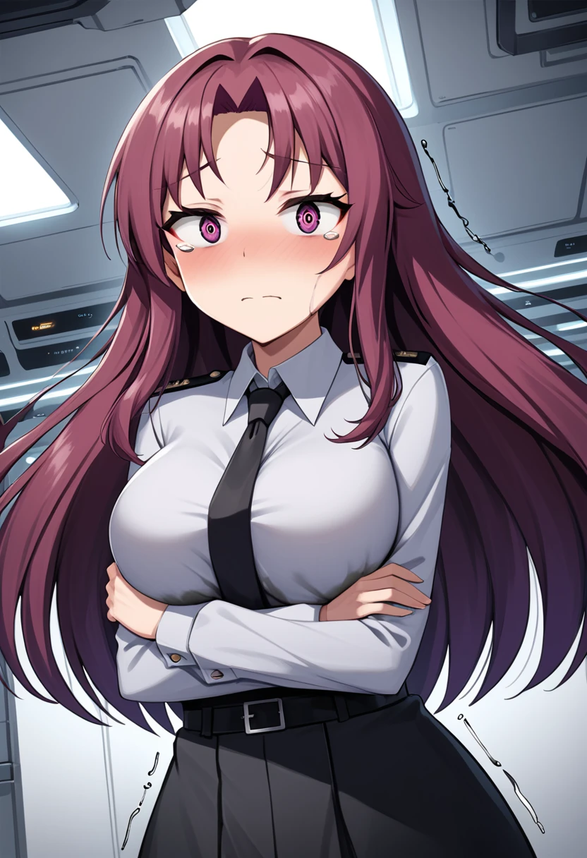 (high quality,Very detailed:1.37, High resolution), Woman, (mature:2.0), (Sakaki Yumiko:2.0), (very long hair:1.5), (purple hair:1.5), purple eyes, large breasts, military uniform, pants, (wetting herself:1.5), standing, (arms crossed:1.5), (embarrassed:1.5), (humiliation:1.5), (constricted pupils:1.5), (sweating:1.5), shaking, (trembling:1.5), (blushing:1.5), Meticulous details, (extremely detailed eys:1.37), space station, interior, science fiction, futuristic