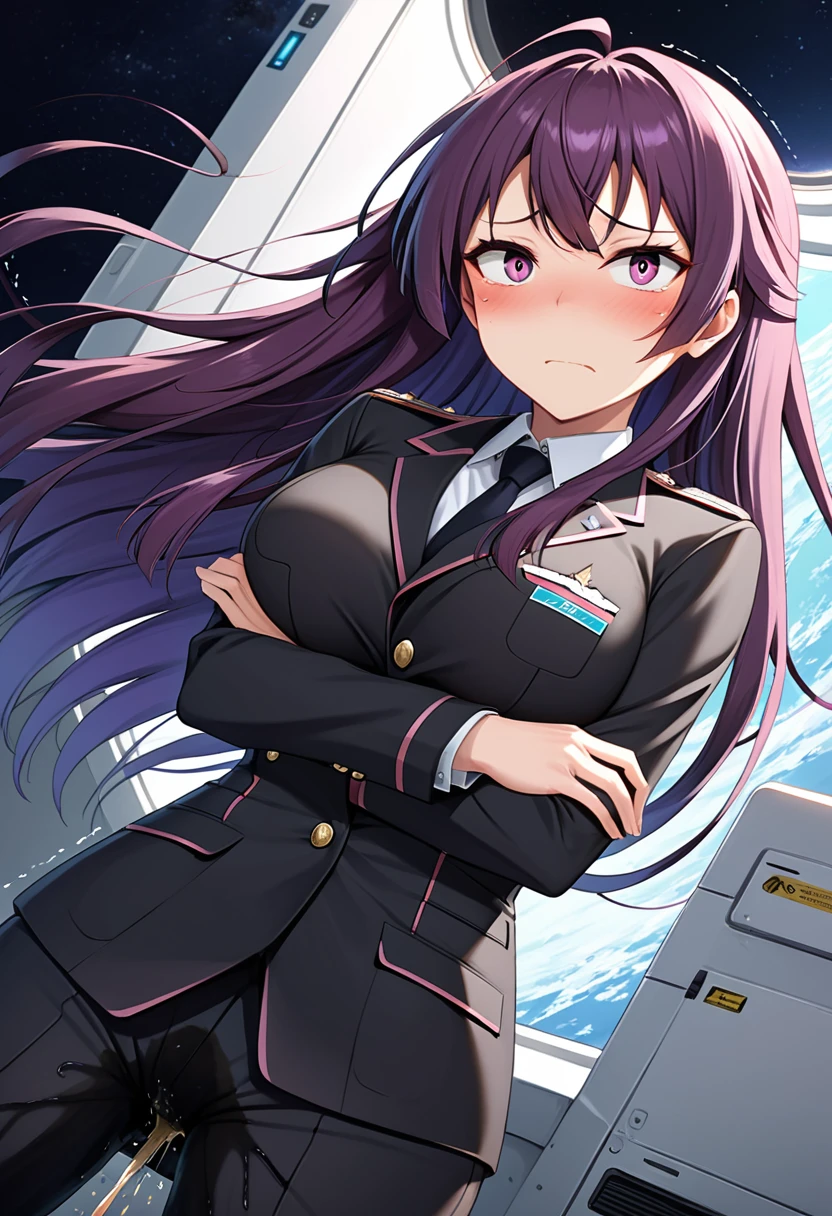 (high quality,Very detailed:1.37, High resolution), Woman, (mature:2.0), (Sakaki Yumiko:2.0), (very long hair:1.5), (purple hair:1.5), purple eyes, large breasts, military uniform, pants, (wetting herself:1.5), standing, (arms crossed:1.5), (embarrassed:1.5), (humiliation:1.5), (constricted pupils:1.5), (sweating:1.5), shaking, (trembling:1.5), (blushing:1.5), Meticulous details, (extremely detailed eys:1.37), space station, interior, science fiction, futuristic